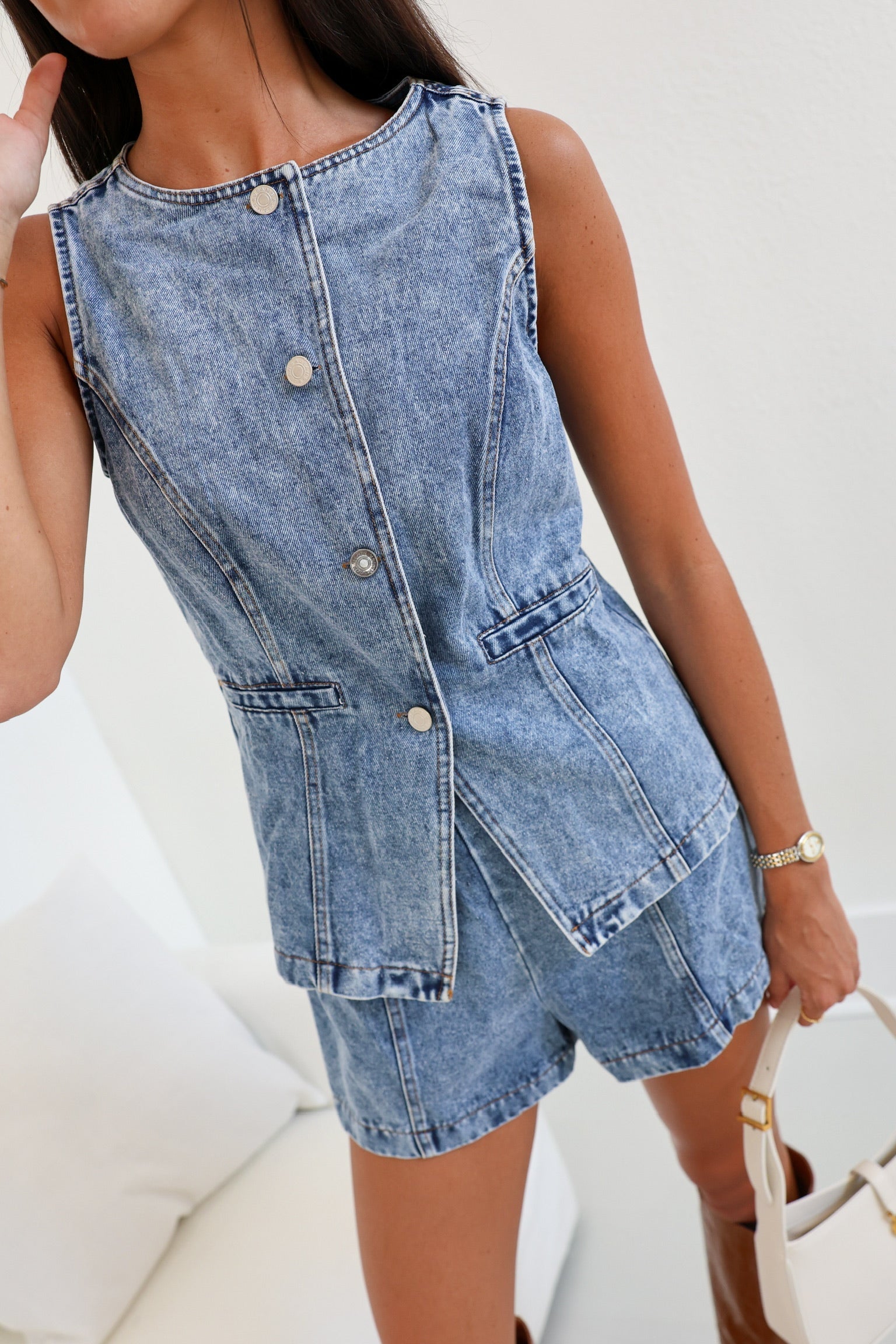 Amanda Denim Vest Set - Light Denim