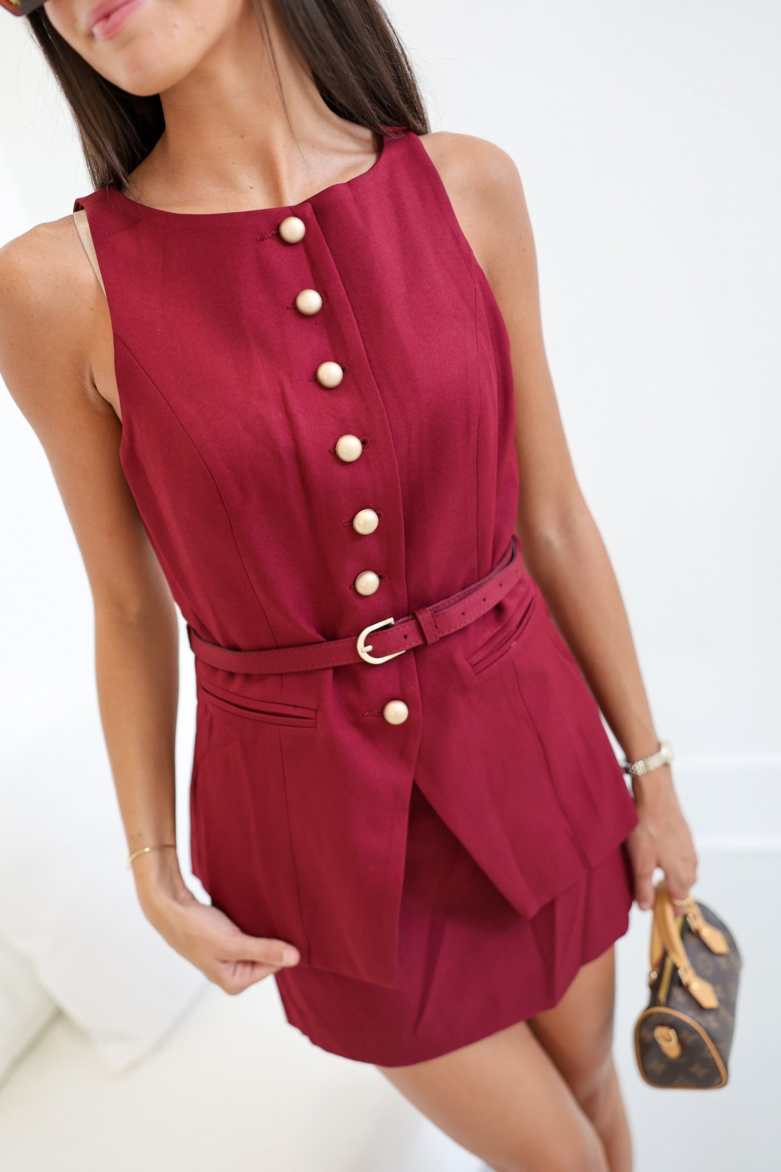 Emily Button Front Mini Dress - Wine