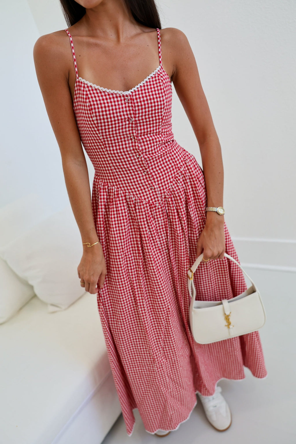 Skylar Front Button Maxi Dress - Red Checke