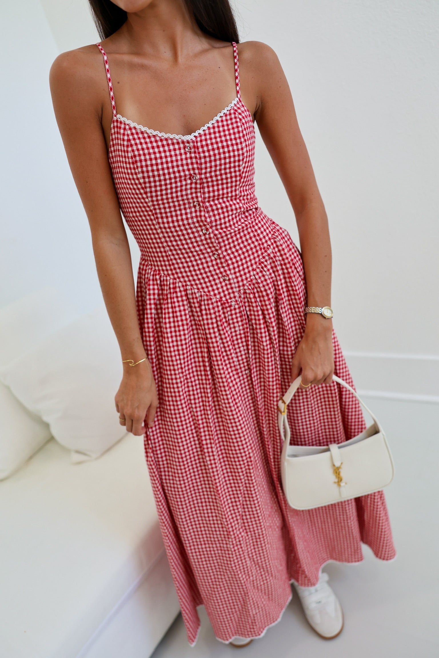 Skylar Front Button Maxi Dress - Red Checke