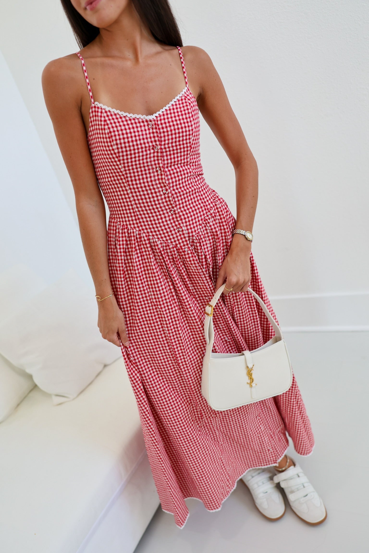Skylar Front Button Maxi Dress - Red Checke