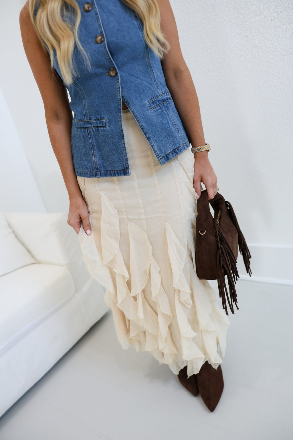 Natalie Tiered Ruffle Lace Midi Skirt - Natural