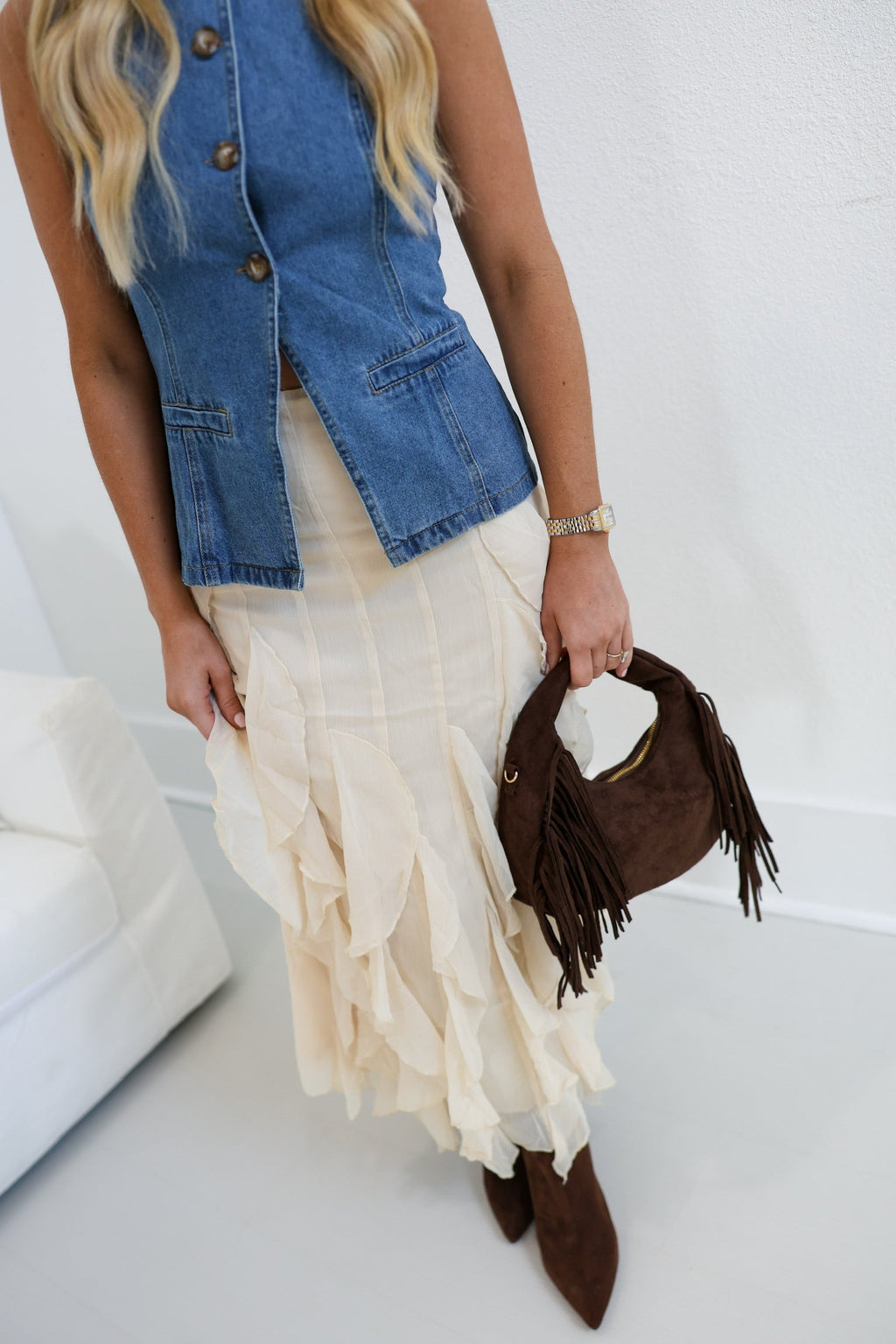 Natalie Tiered Ruffle Lace Midi Skirt - Natural