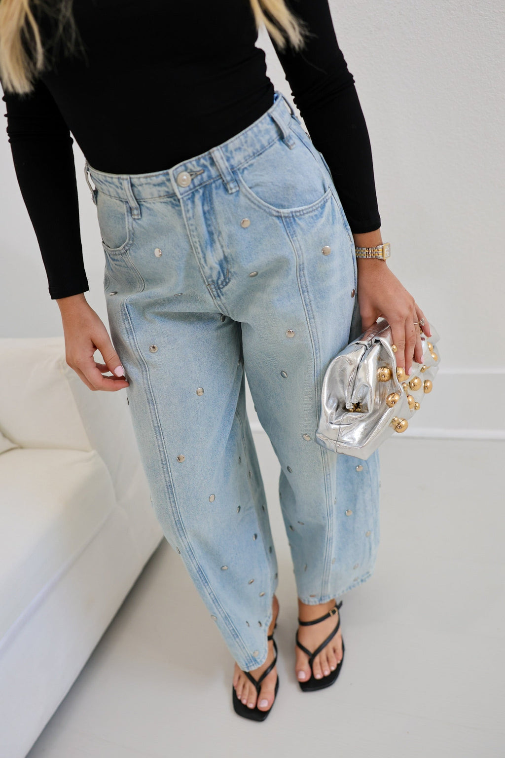 Studded Barrel Denim Pants - Light Denim