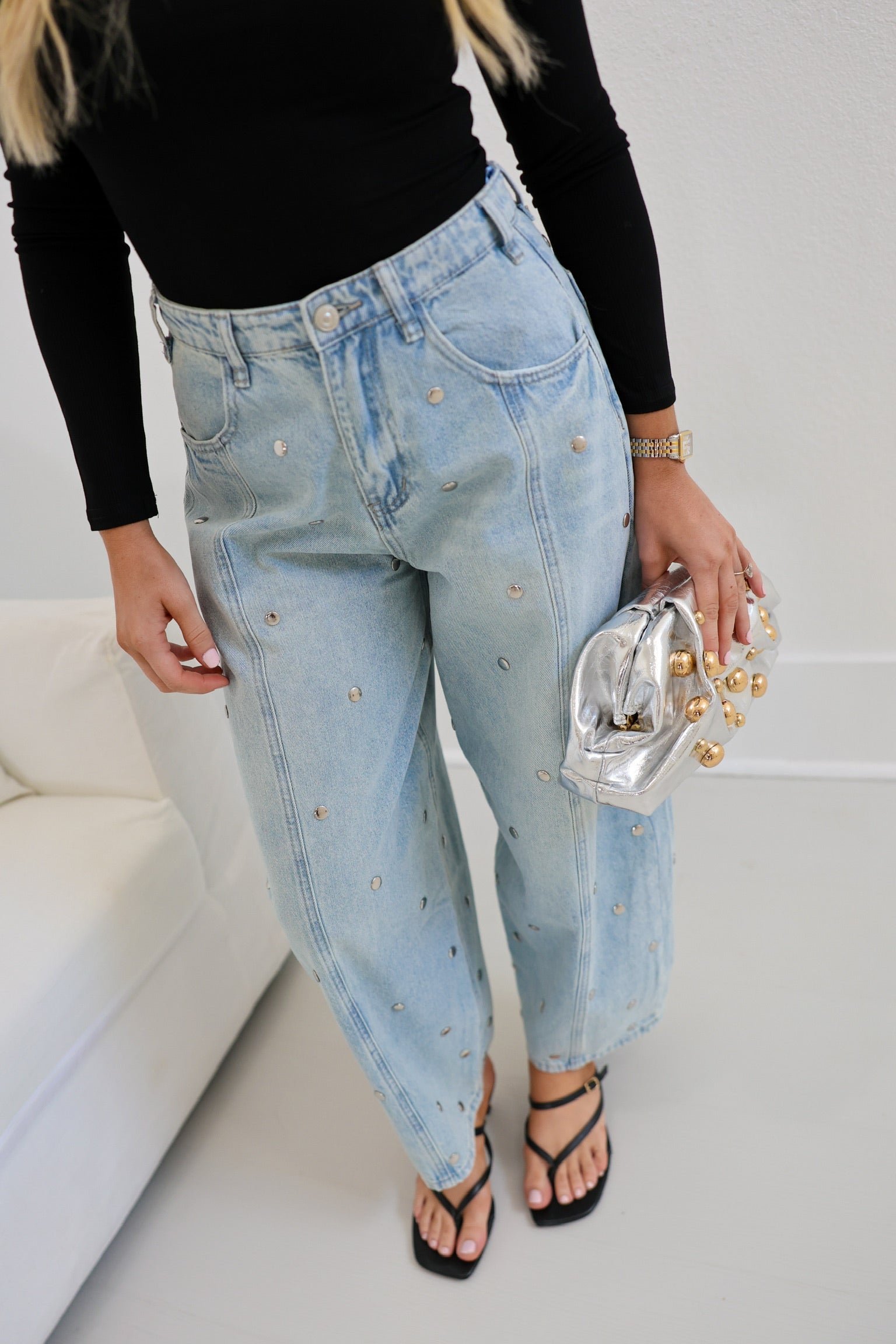 Studded Barrel Denim Pants - Light Denim