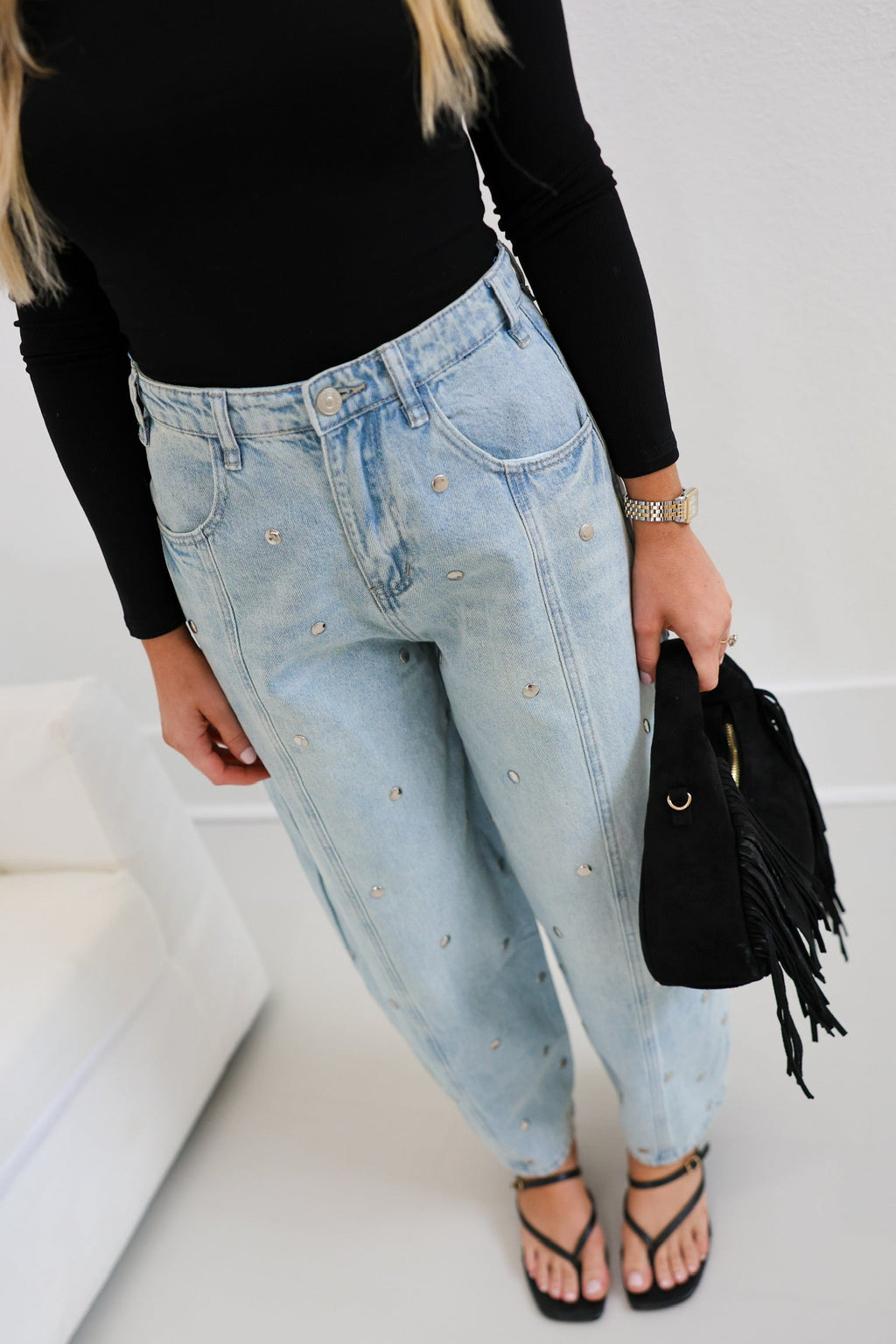 Studded Barrel Denim Pants - Light Denim
