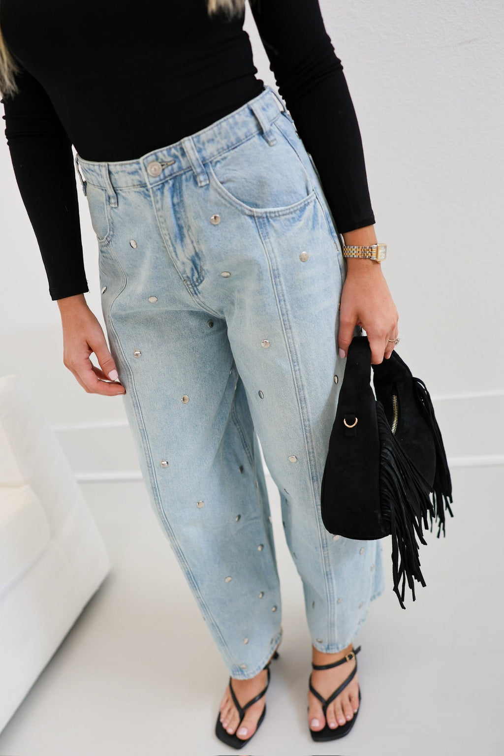 Studded Barrel Denim Pants - Light Denim