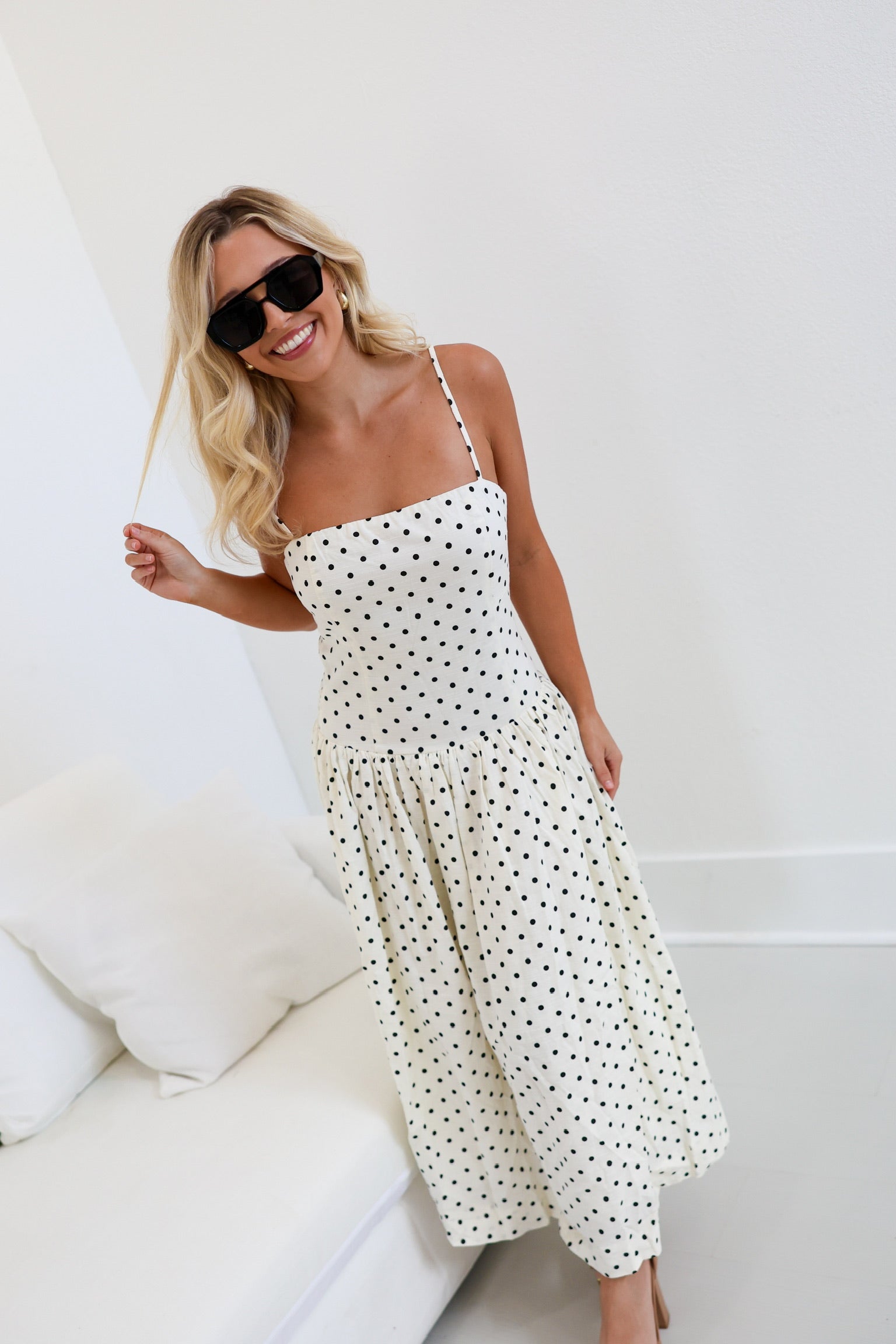 Ava square neck polka dot midi dress- Ivory/Black