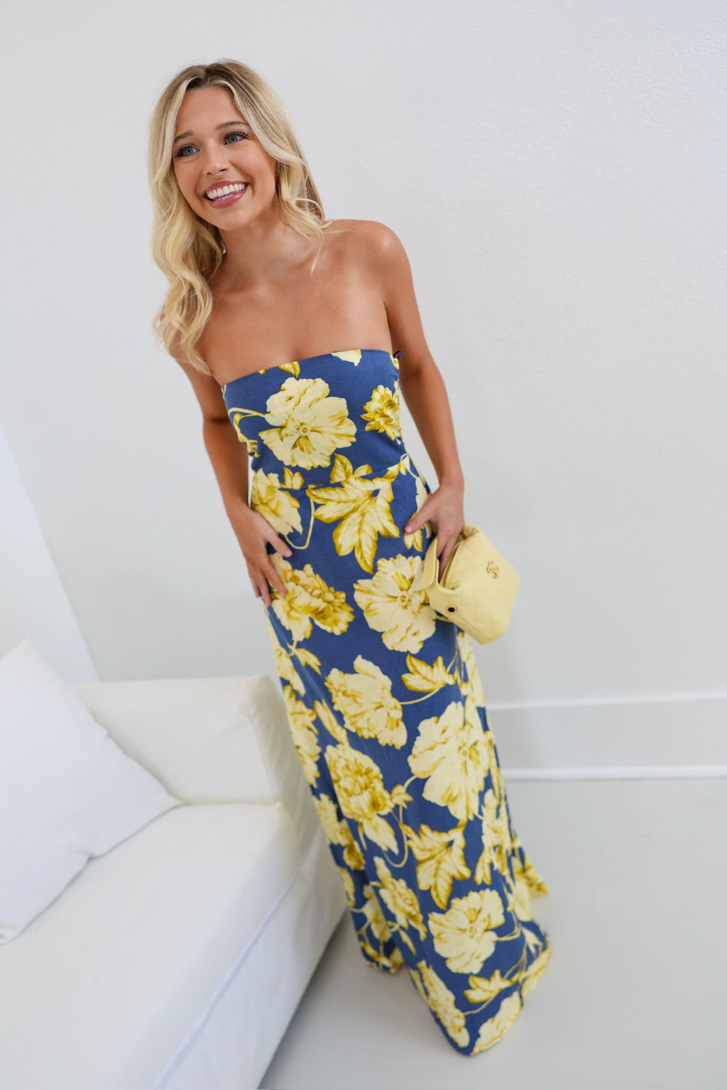 Sandi Floral Strapless Maxi Dress - Denim Gold