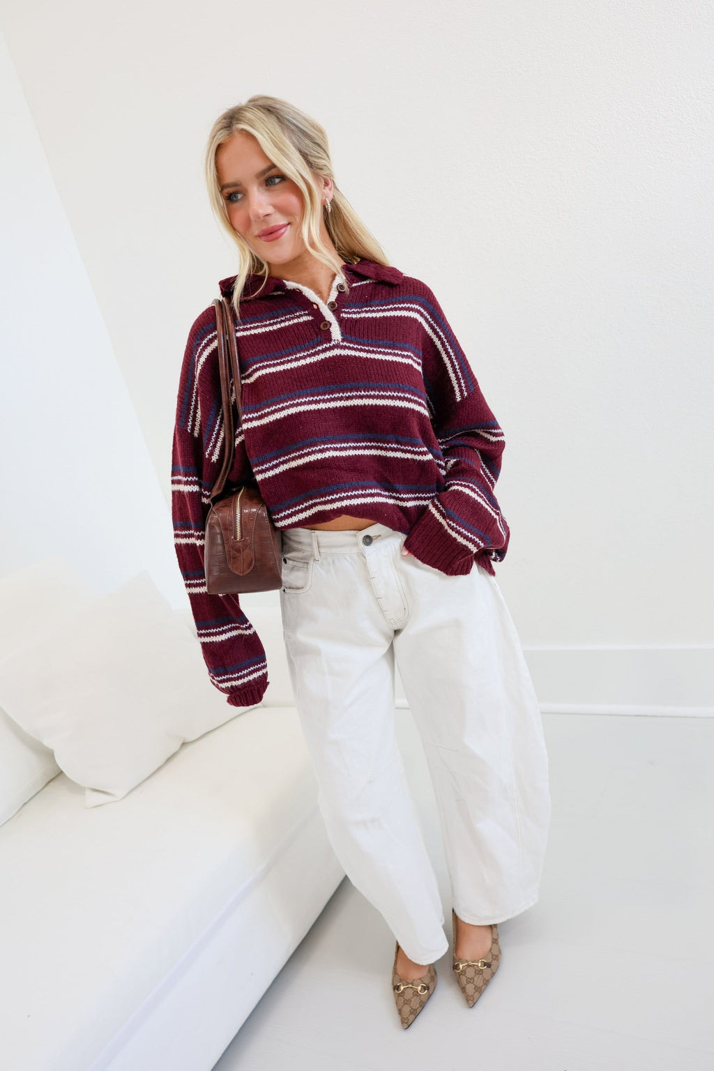 Sara Collared Knit Sweater - Burgundy