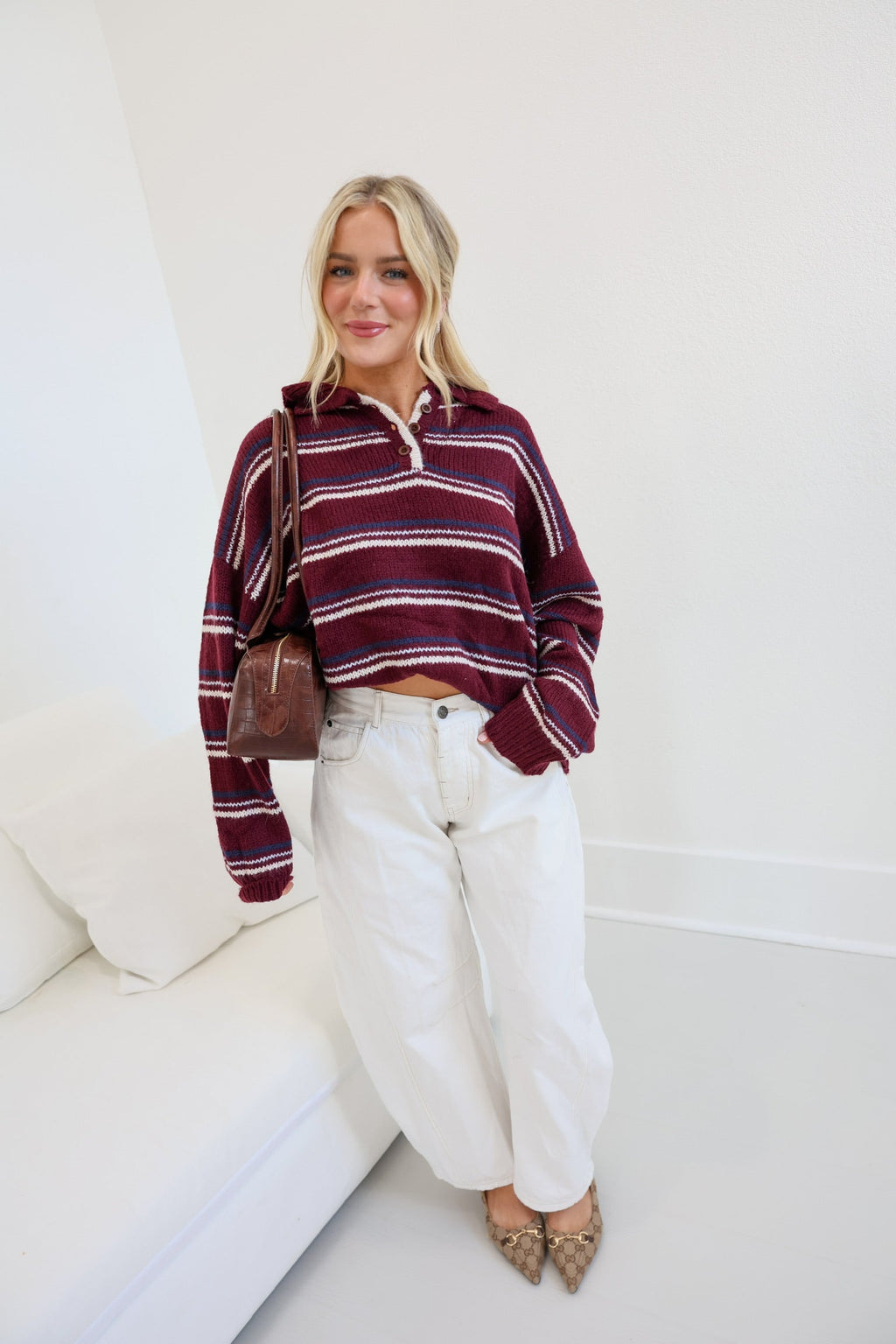 Sara Collared Knit Sweater - Burgundy