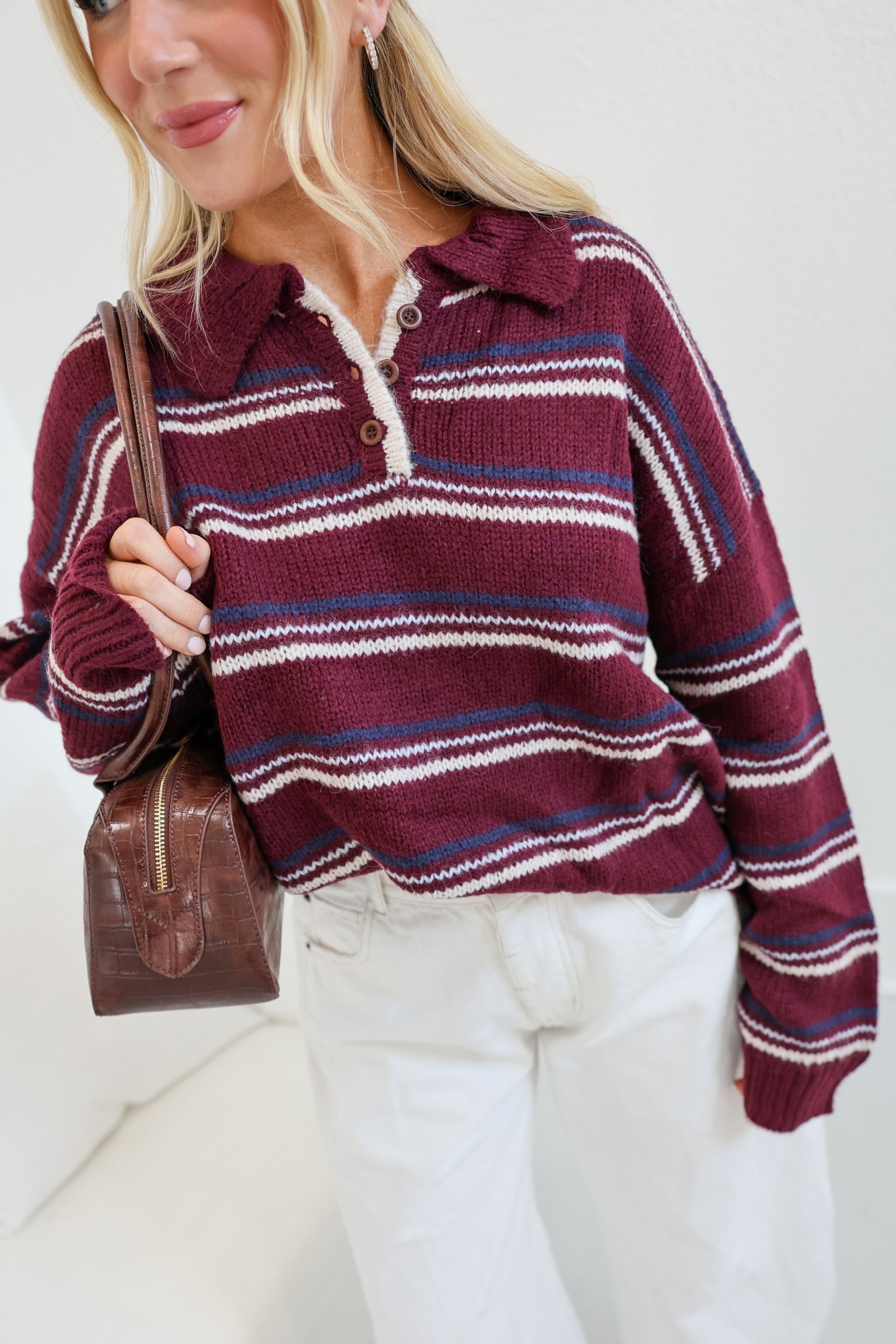 Sara Collared Knit Sweater - Burgundy