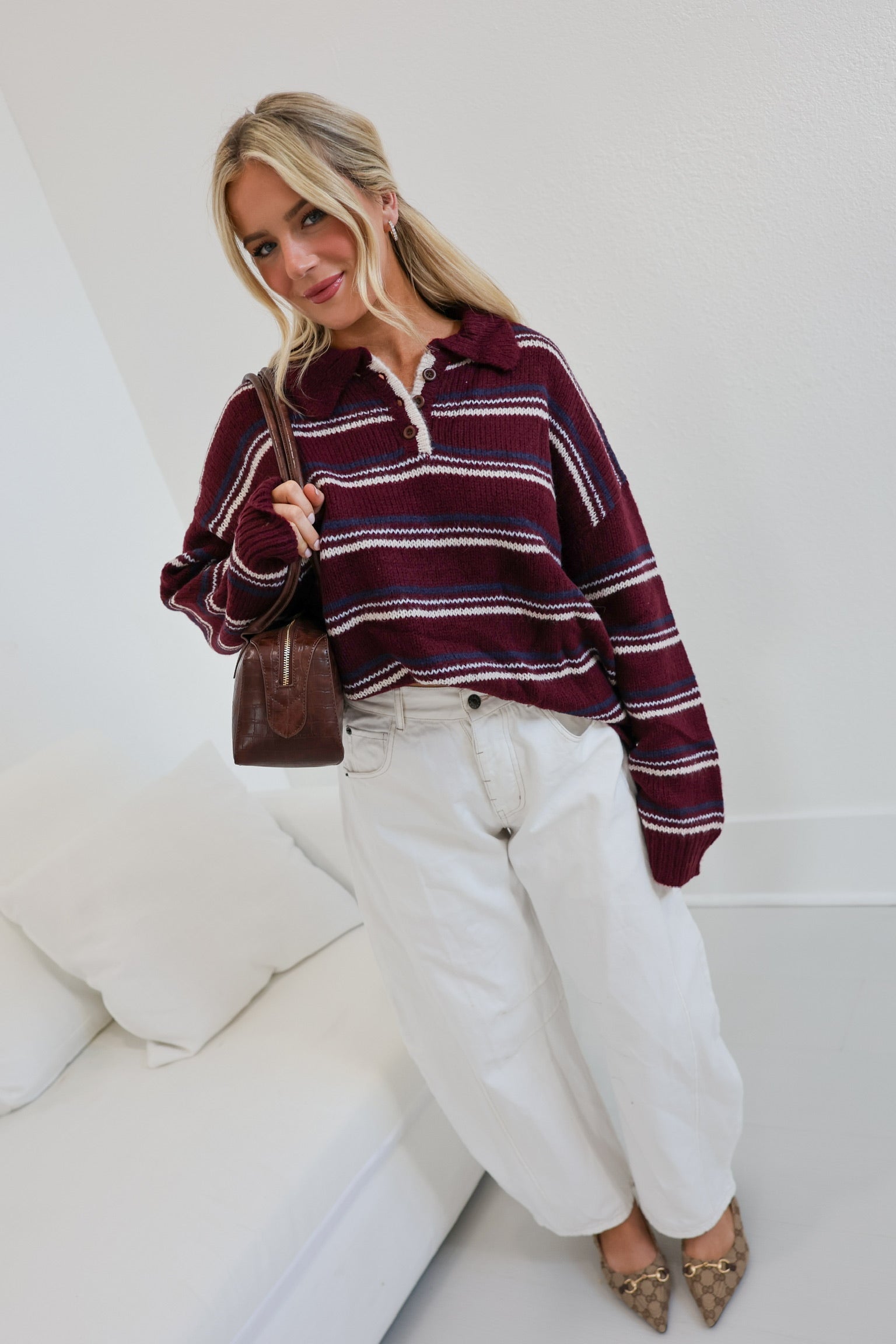 Sara Collared Knit Sweater - Burgundy