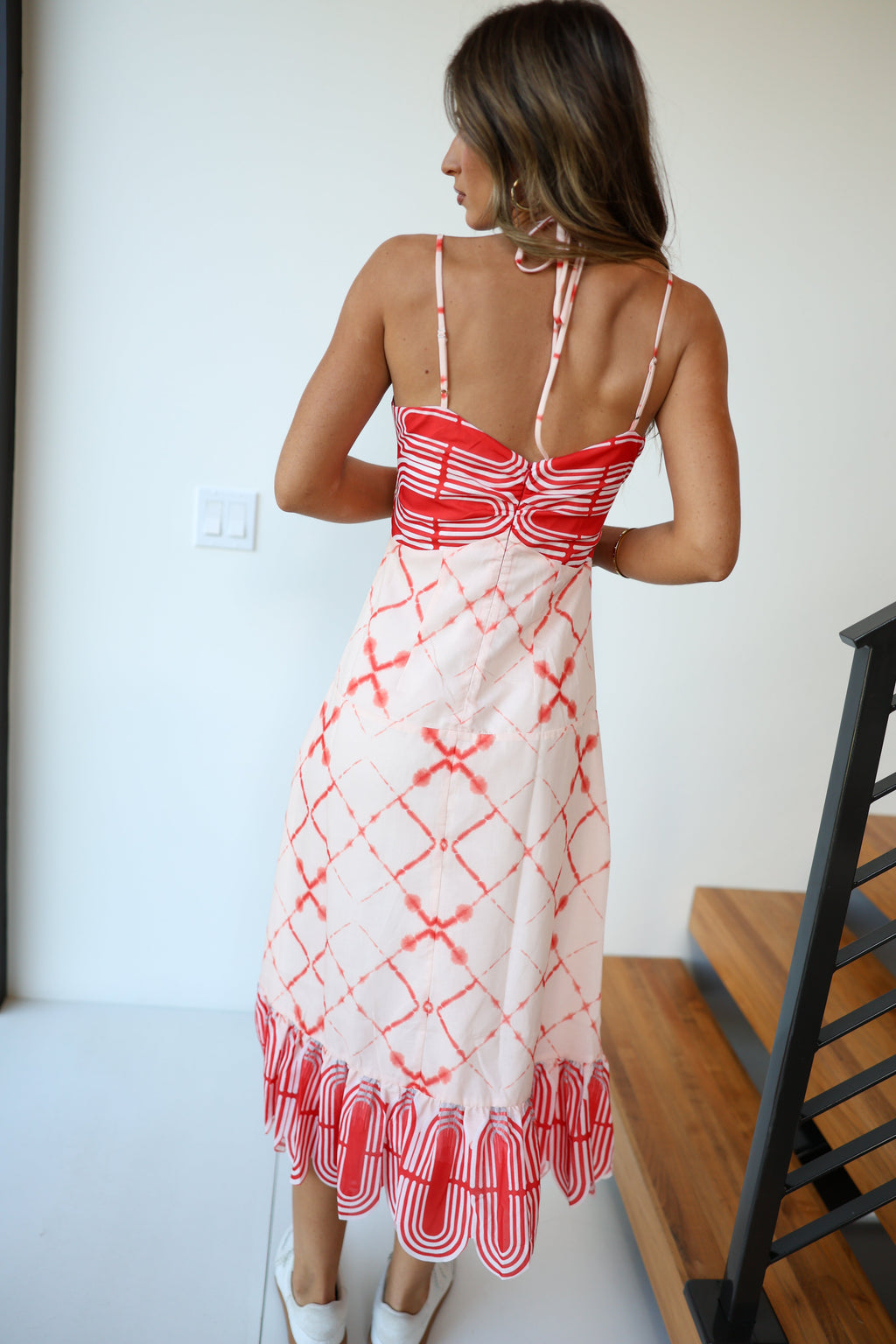 Lainey Multi Midi Strappy Dress - Cream/Red