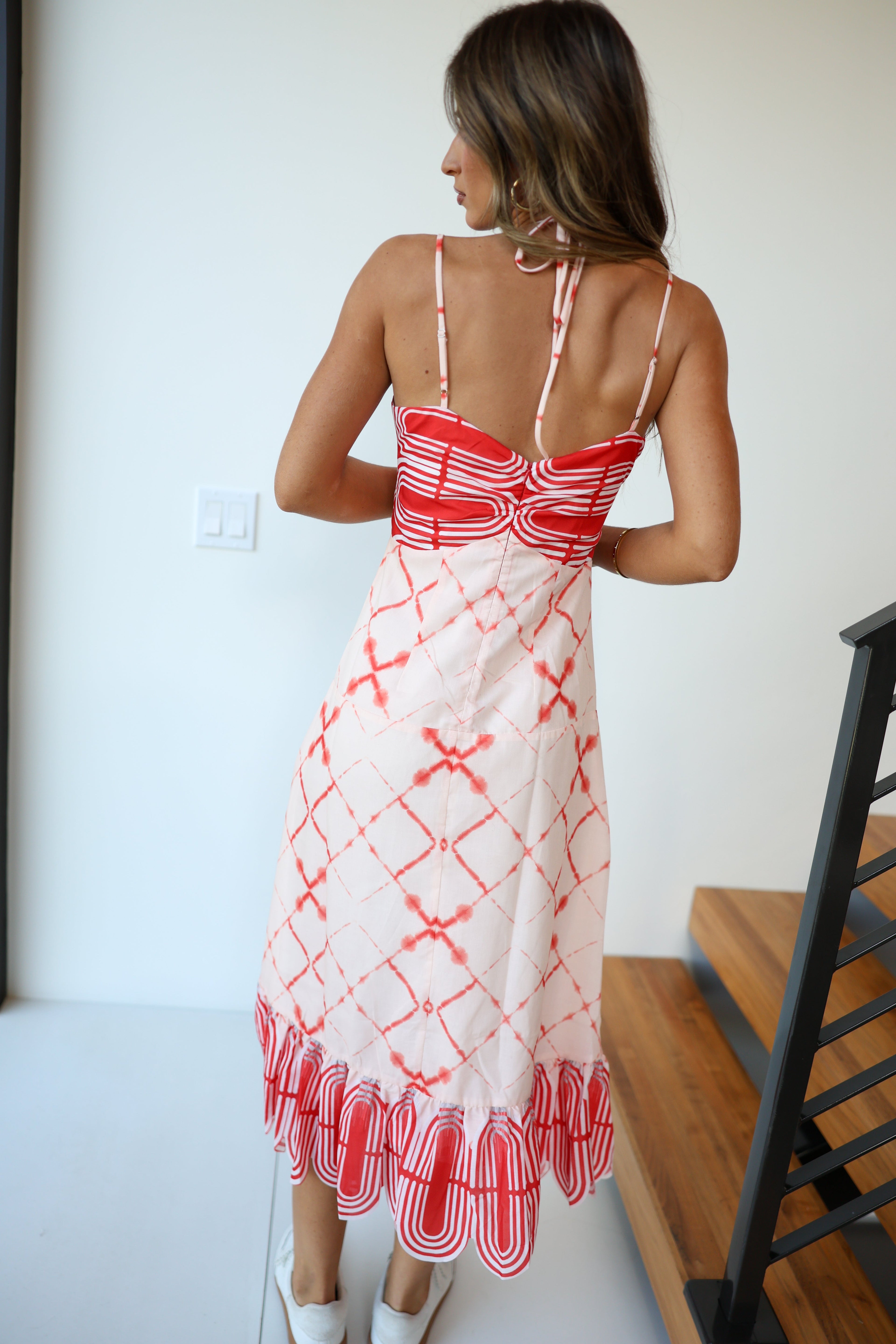 Lainey Multi Midi Strappy Dress - Cream/Red