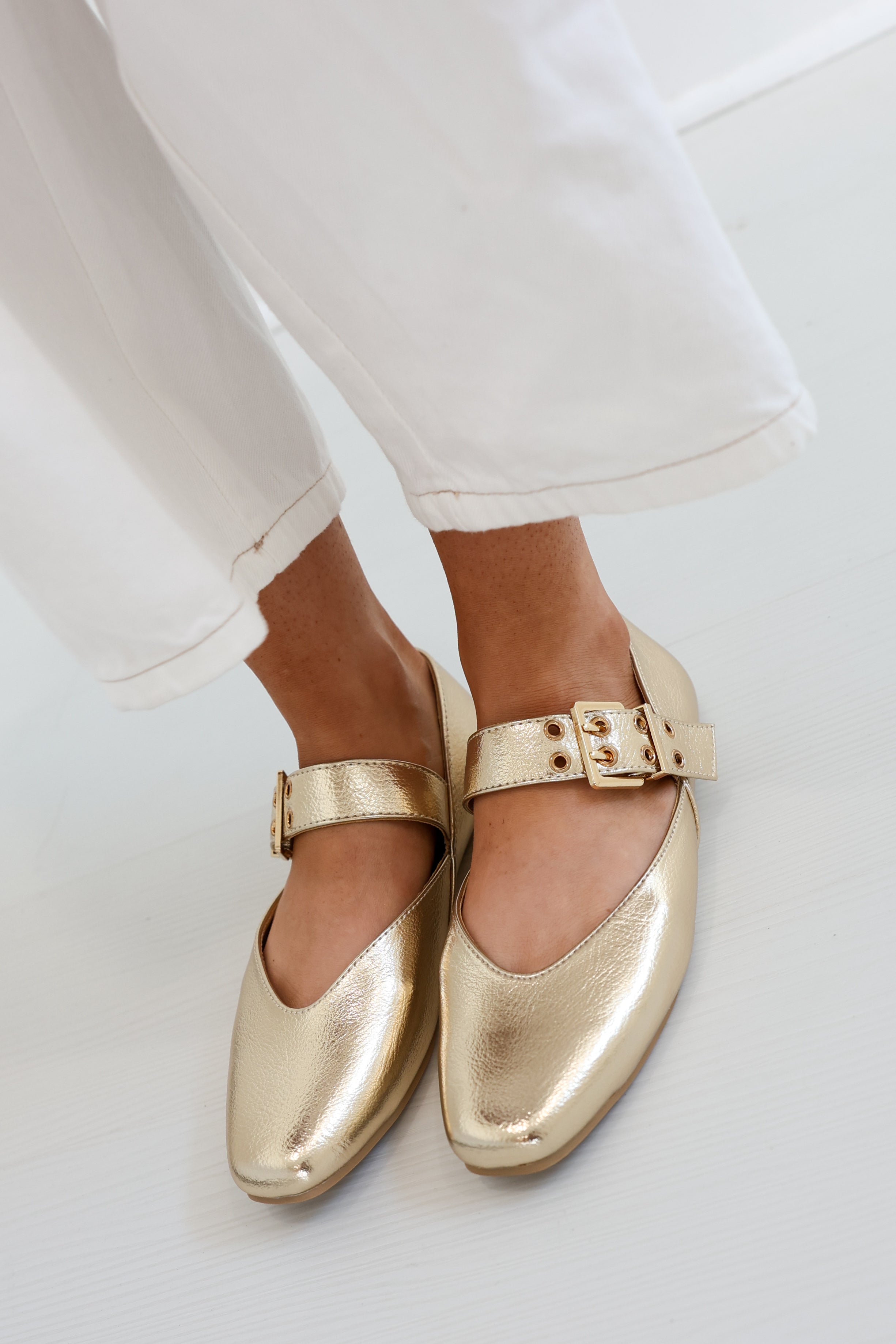Square Toe Ballet Flats - Gold