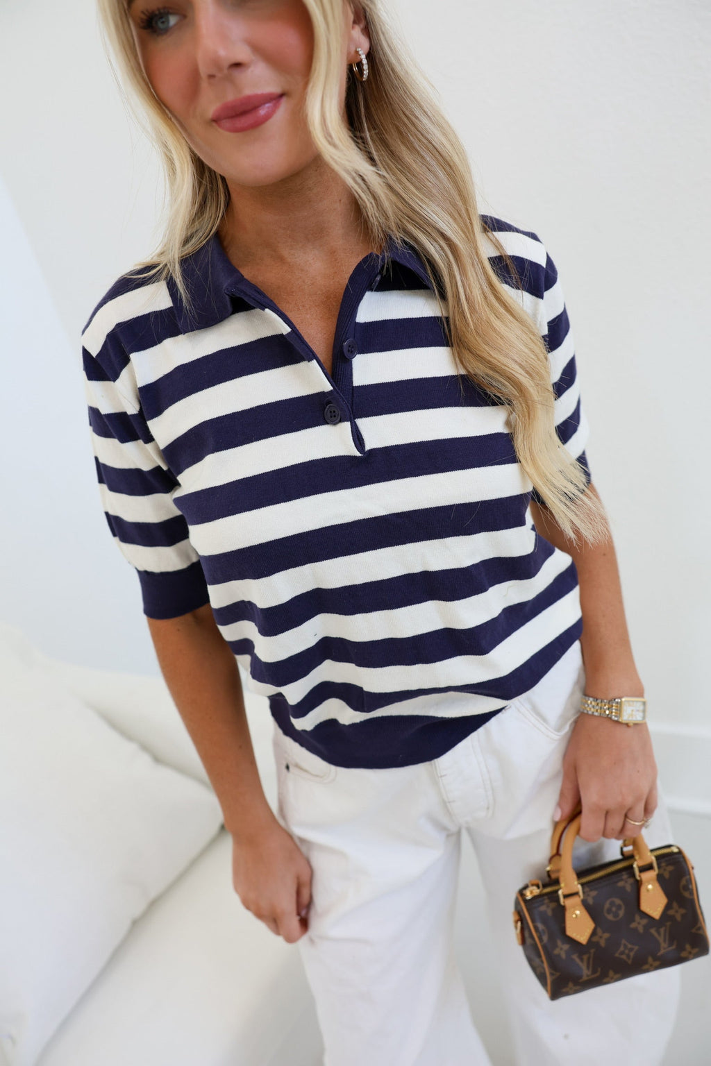 Mollie Striped Polo Top - Navy/White