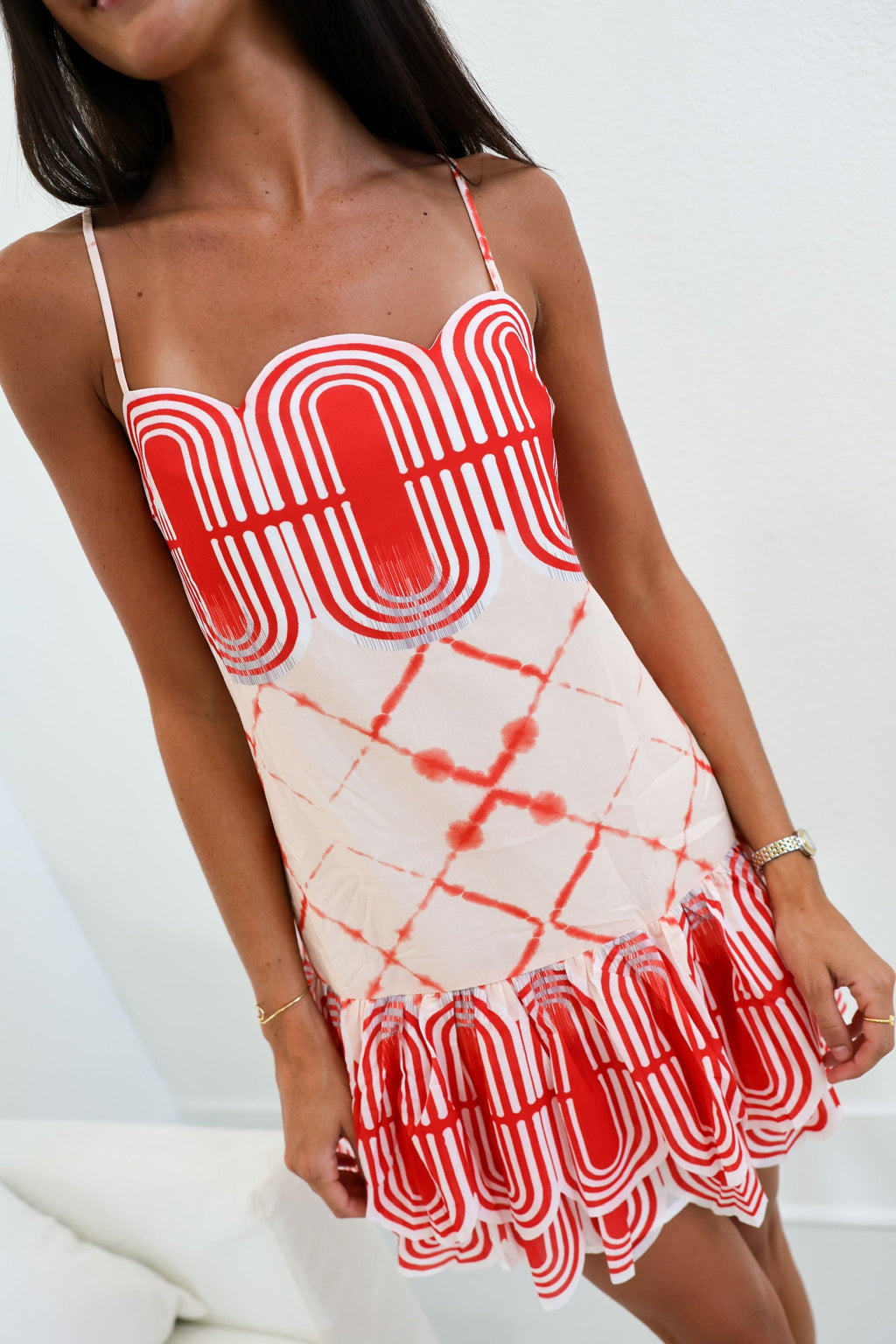 Mandi Multi Mini Strappy Dress - Cream/Red