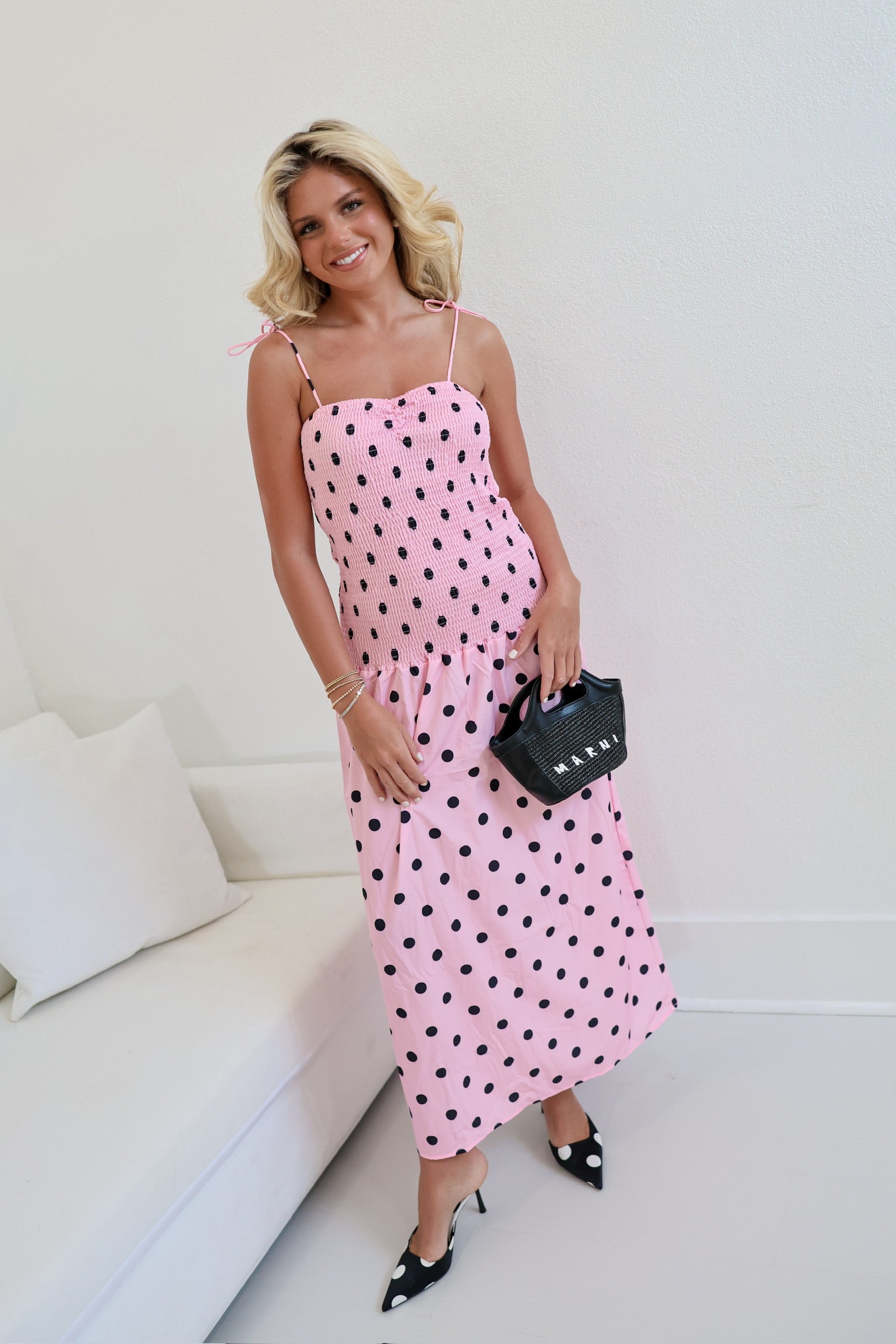 Ivy Smocked Polka Dot Maxi Dress - Pink