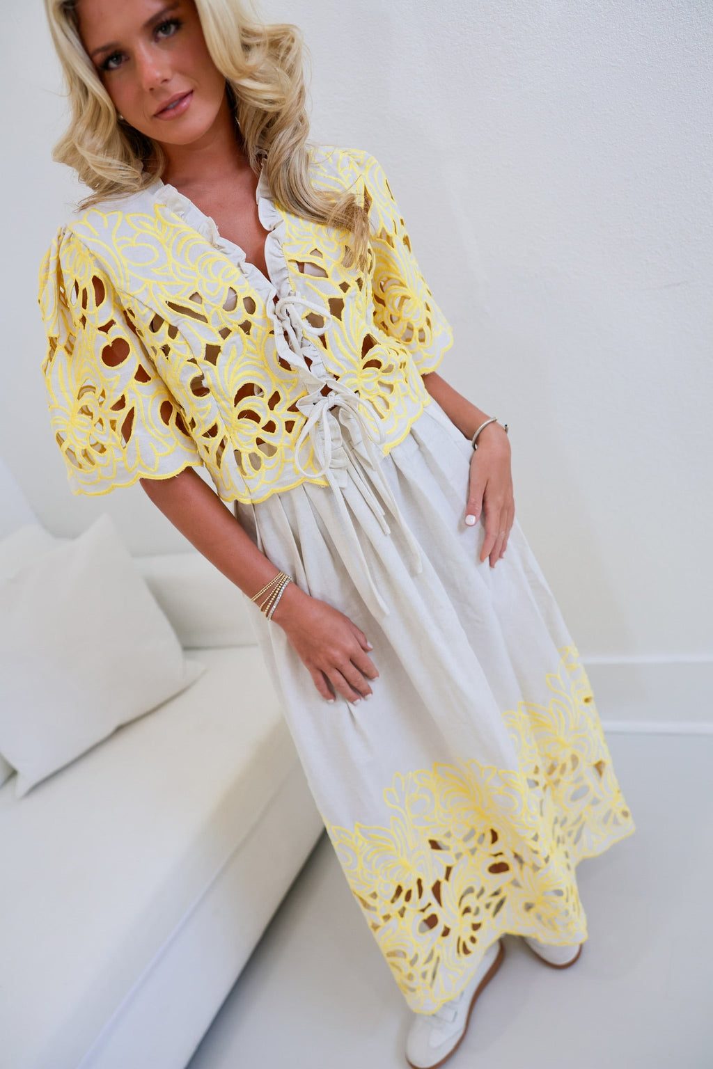 Addie Embroidery Lace Top And Skirt Set - Flaxen