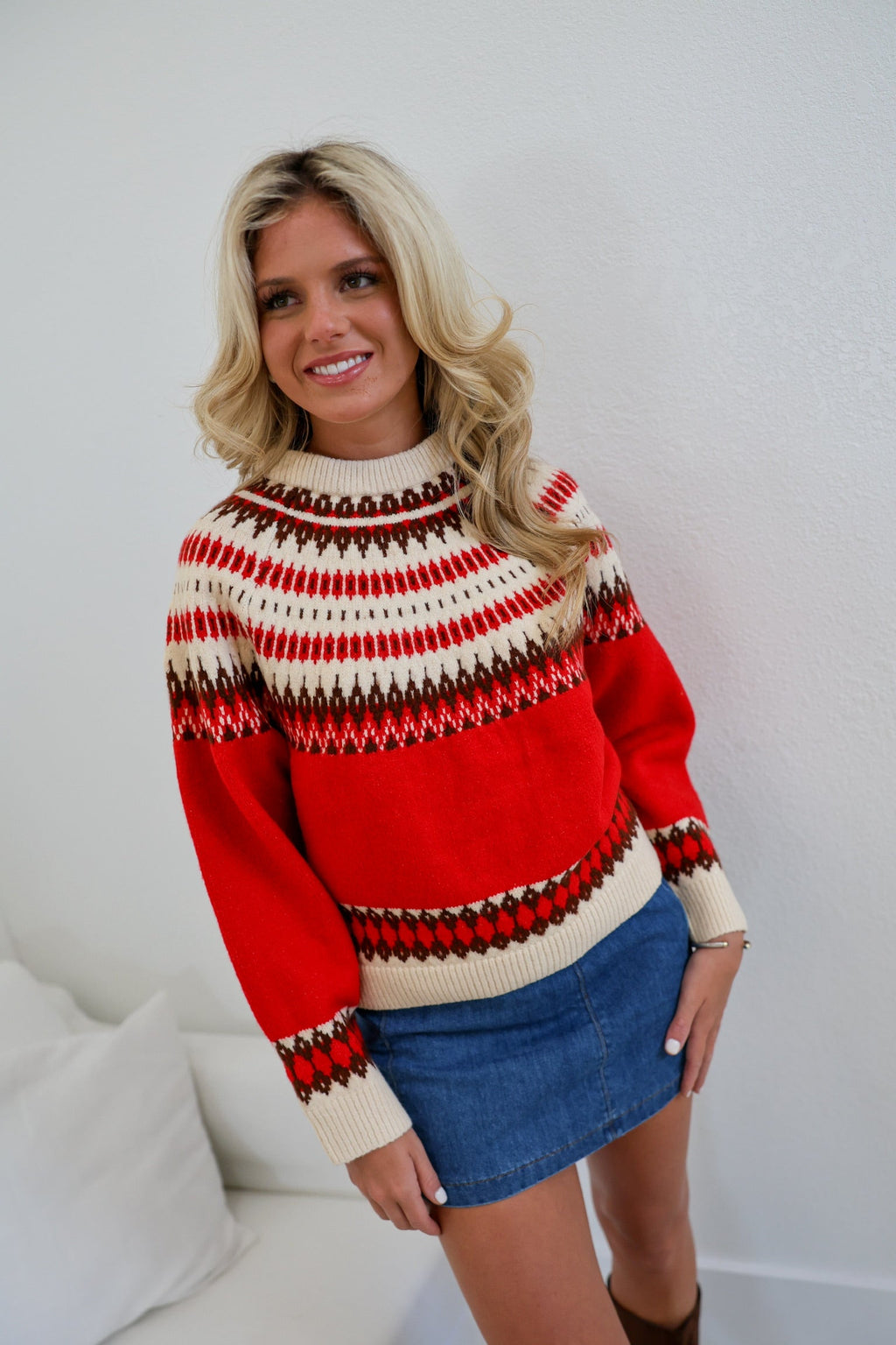Mallie Crewneck Pullover Sweater - Red