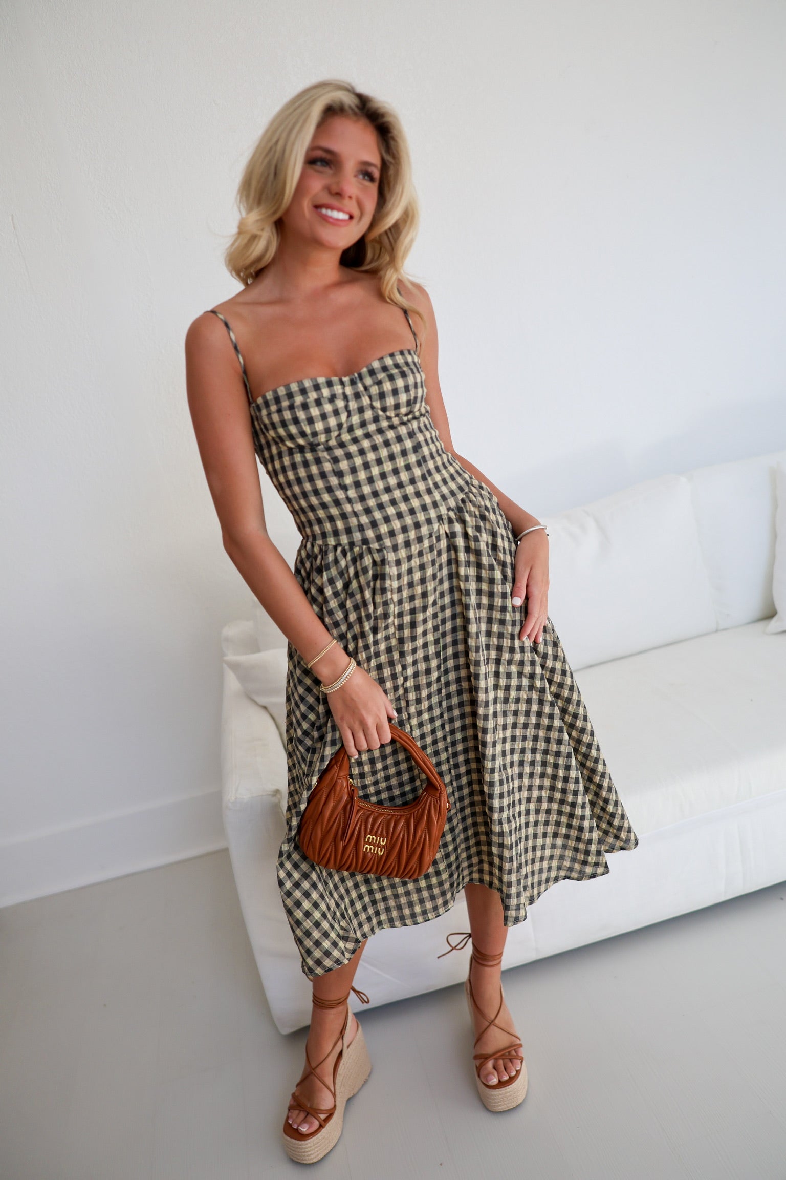 Sophie Checkered Midi Dress - Natural Checker