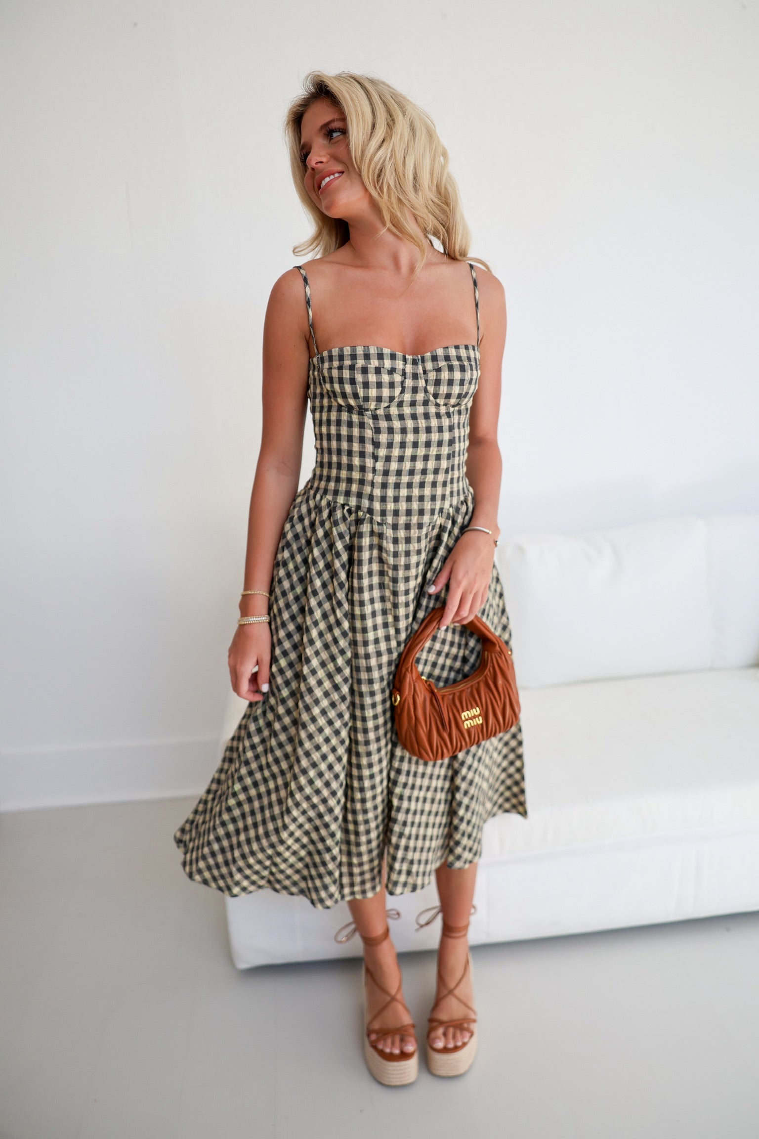 Sophie Checkered Midi Dress - Natural Checker