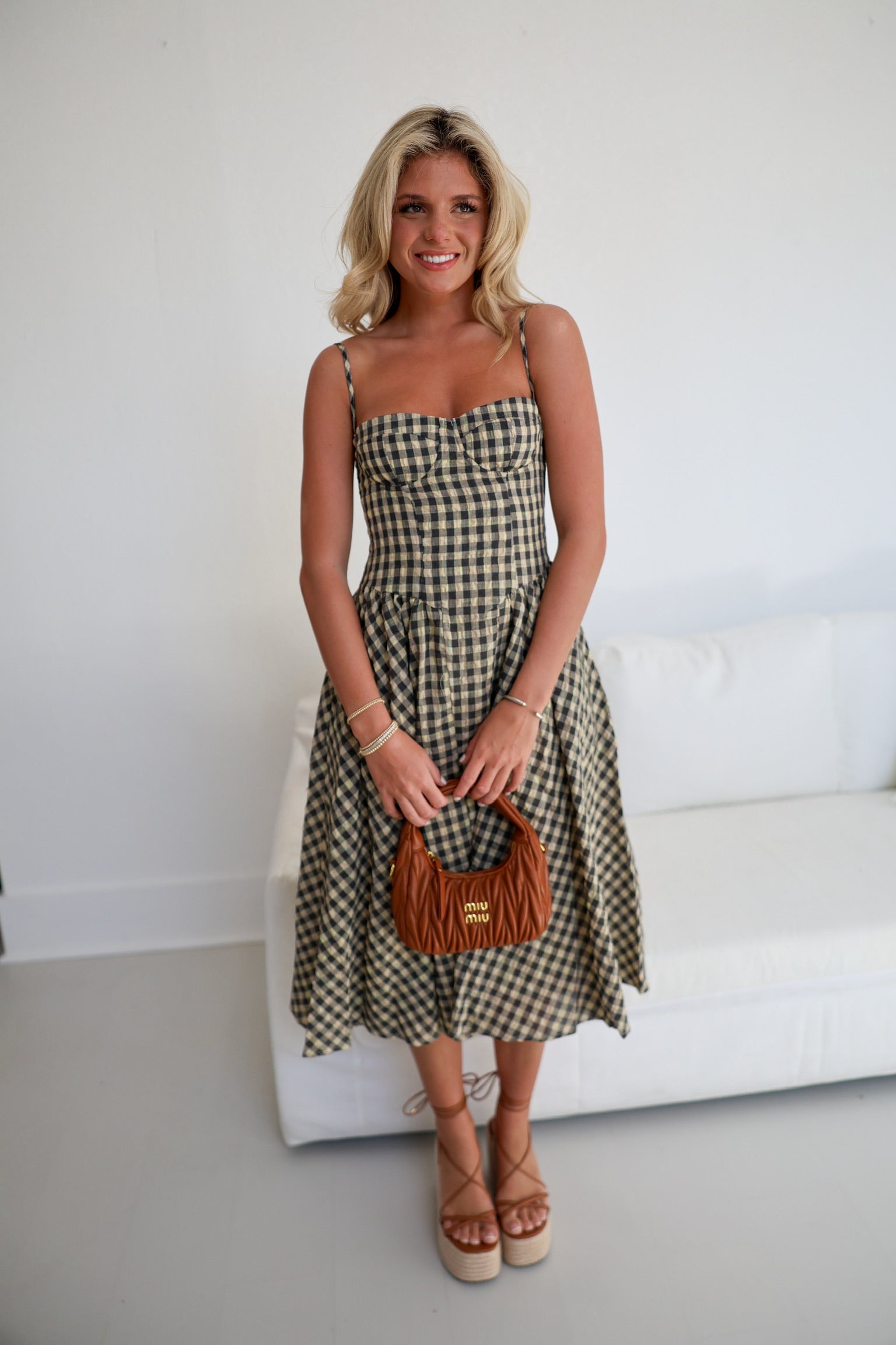 Sophie Checkered Midi Dress - Natural Checker