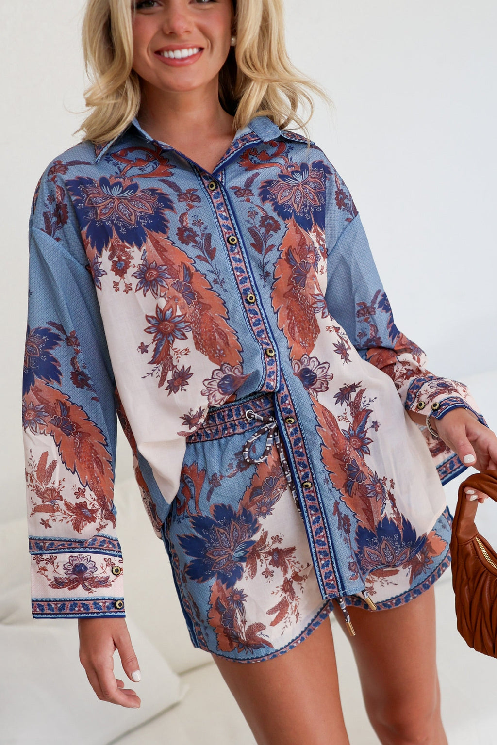 Aria Printed Long Sleeve Shirt And Shorts - Multi