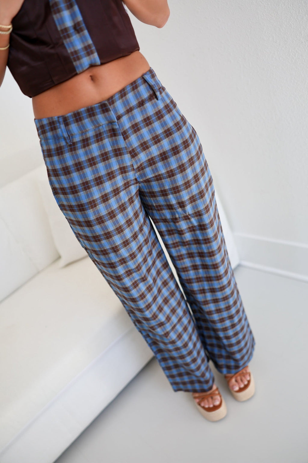 Monica Gingham Tube Top - Brown/Blue