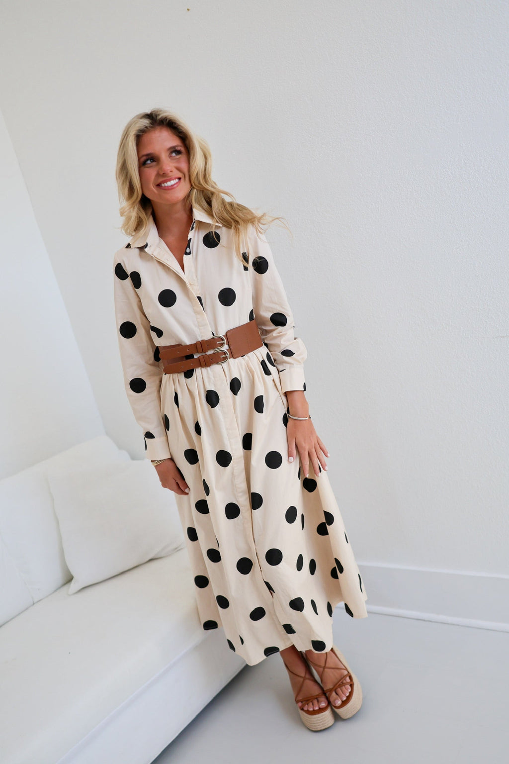 Tanya Polka Dot Shirt Dress W/ Belt - Ivory/Black