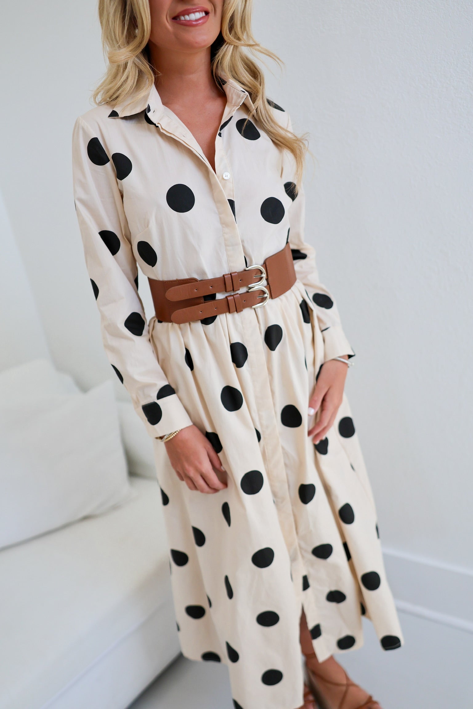 Tanya Polka Dot Shirt Dress W/ Belt - Ivory/Black