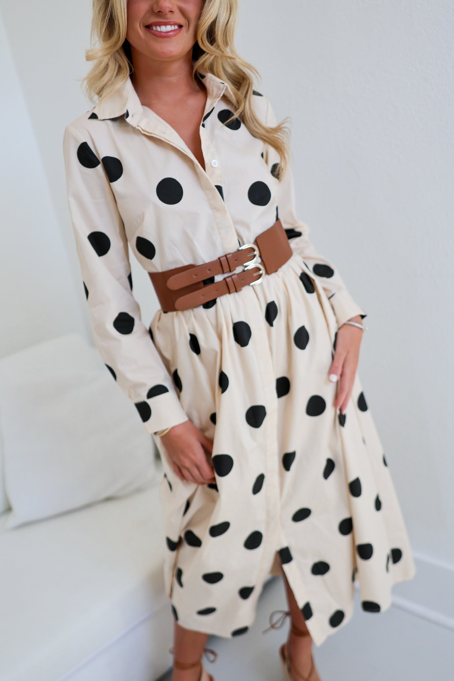 Tanya Polka Dot Shirt Dress W/ Belt - Ivory/Black