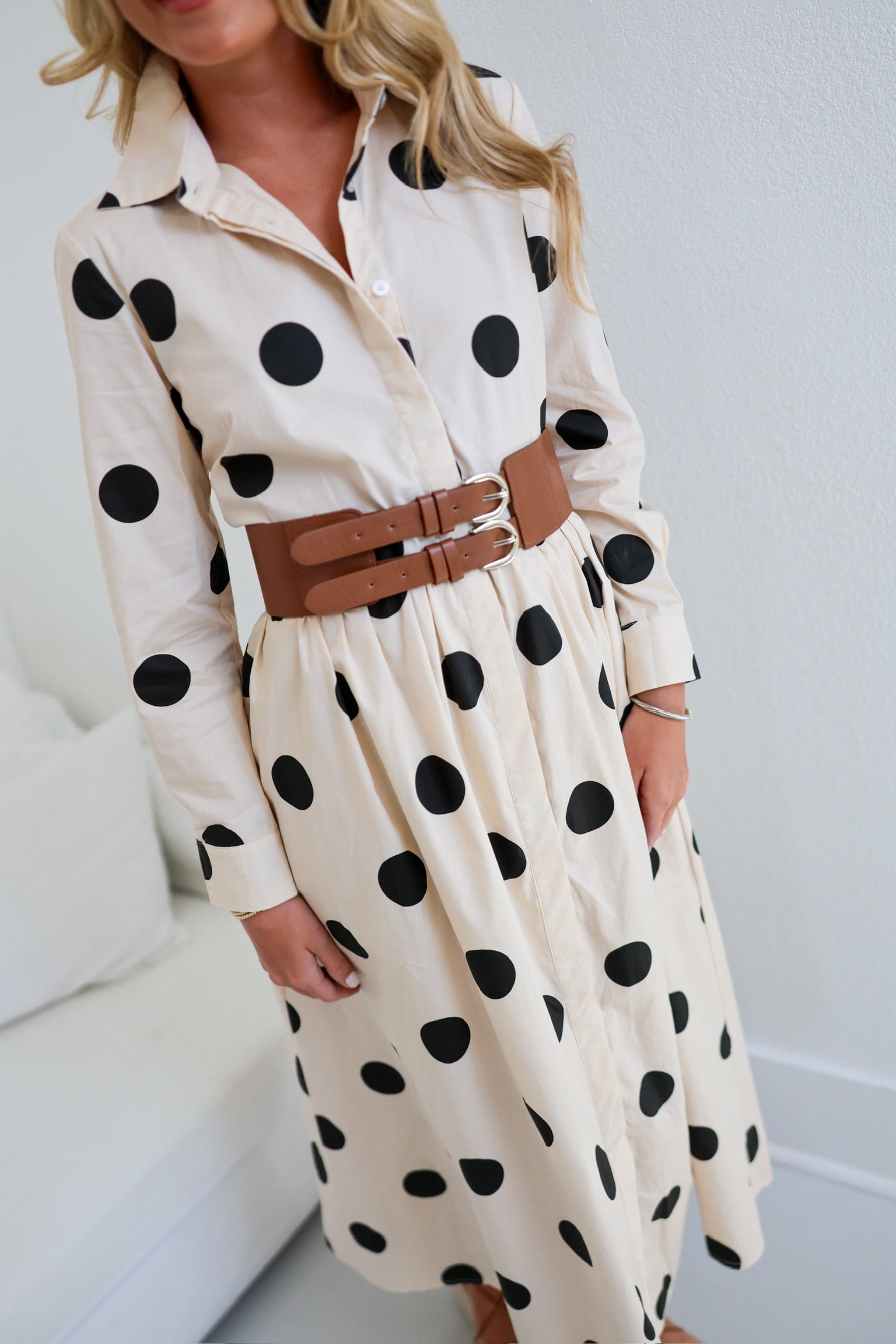 Tanya Polka Dot Shirt Dress W/ Belt - Ivory/Black