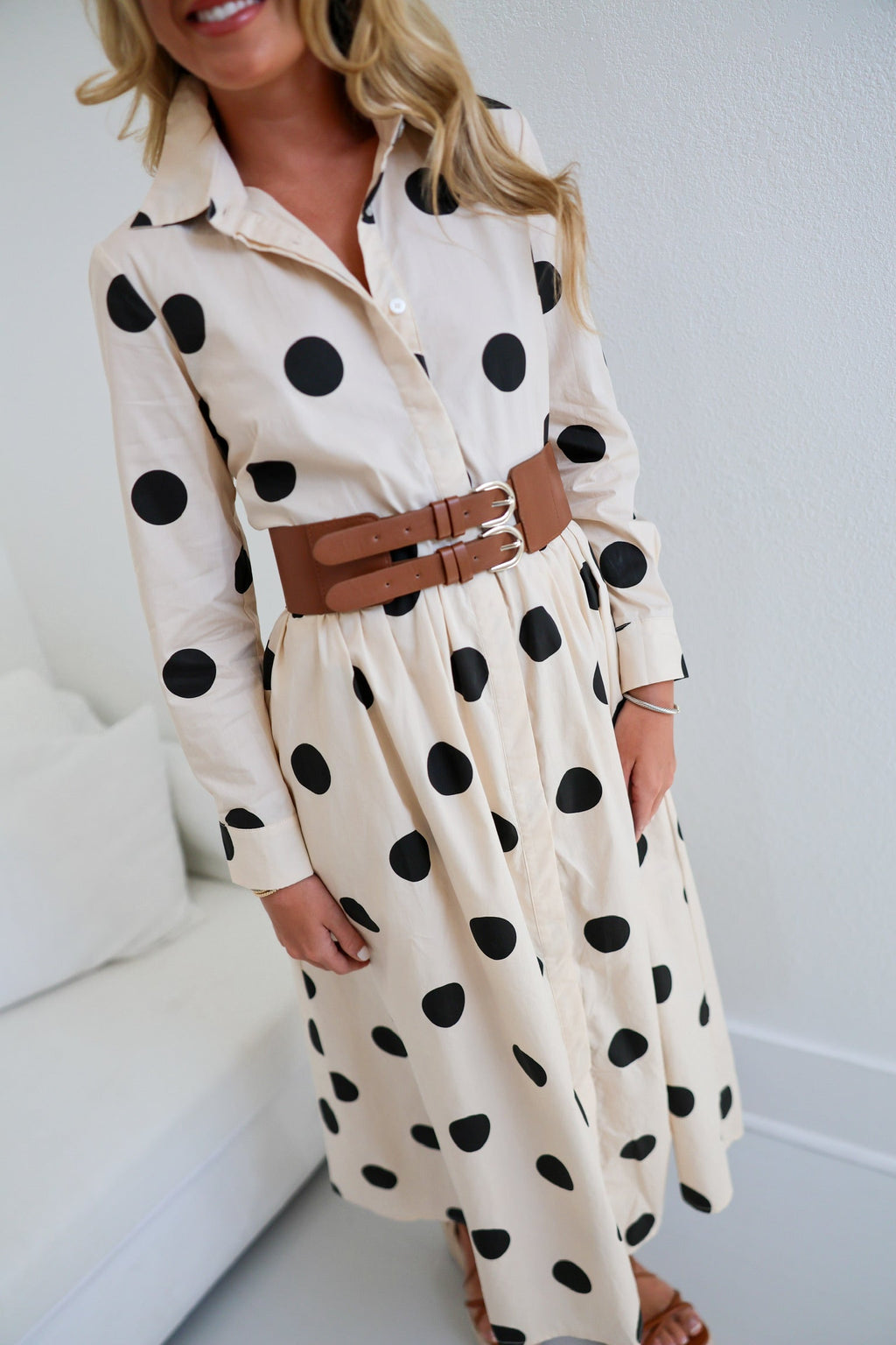 Tanya Polka Dot Shirt Dress W/ Belt - Ivory/Black