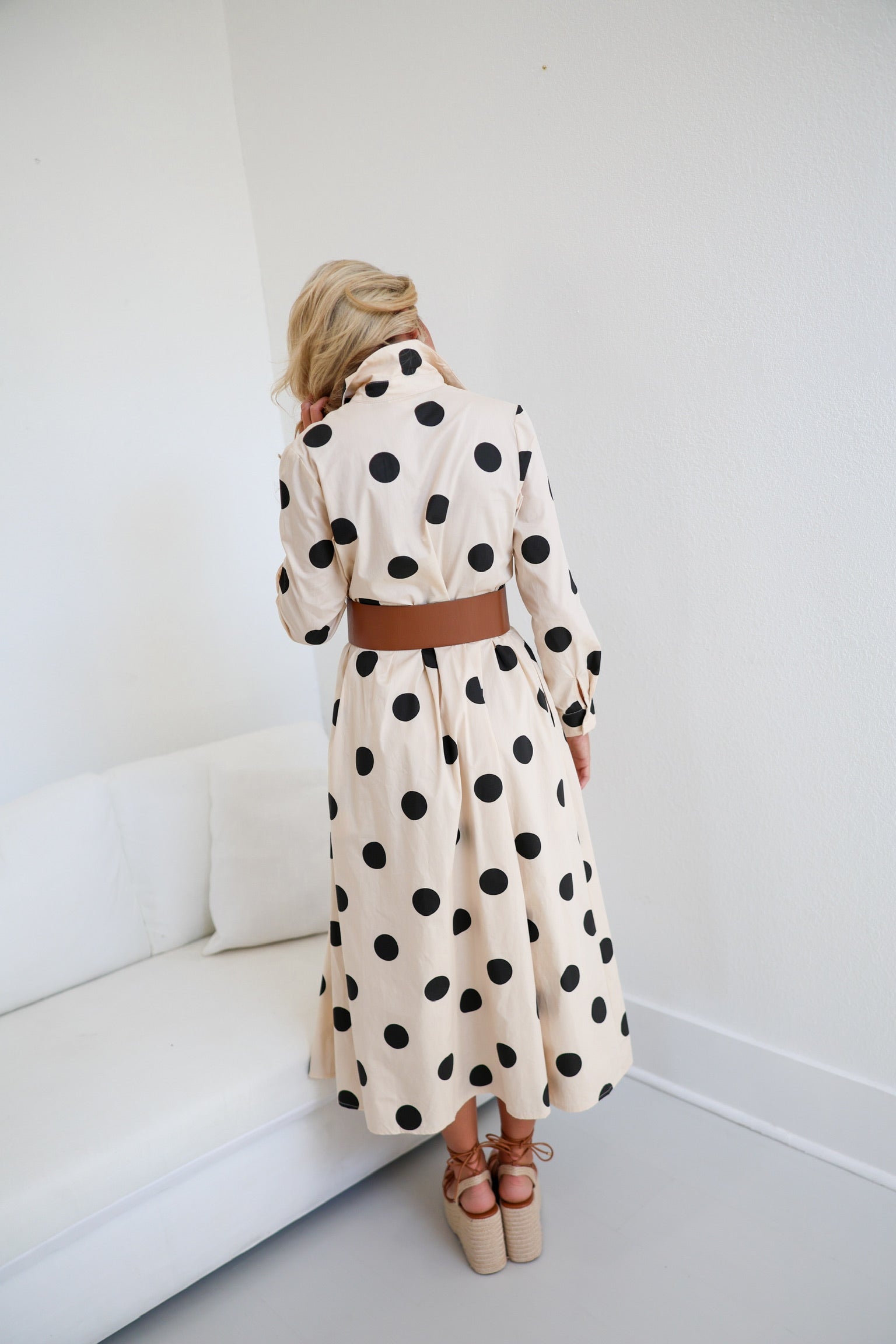 Tanya Polka Dot Shirt Dress W/ Belt - Ivory/Black