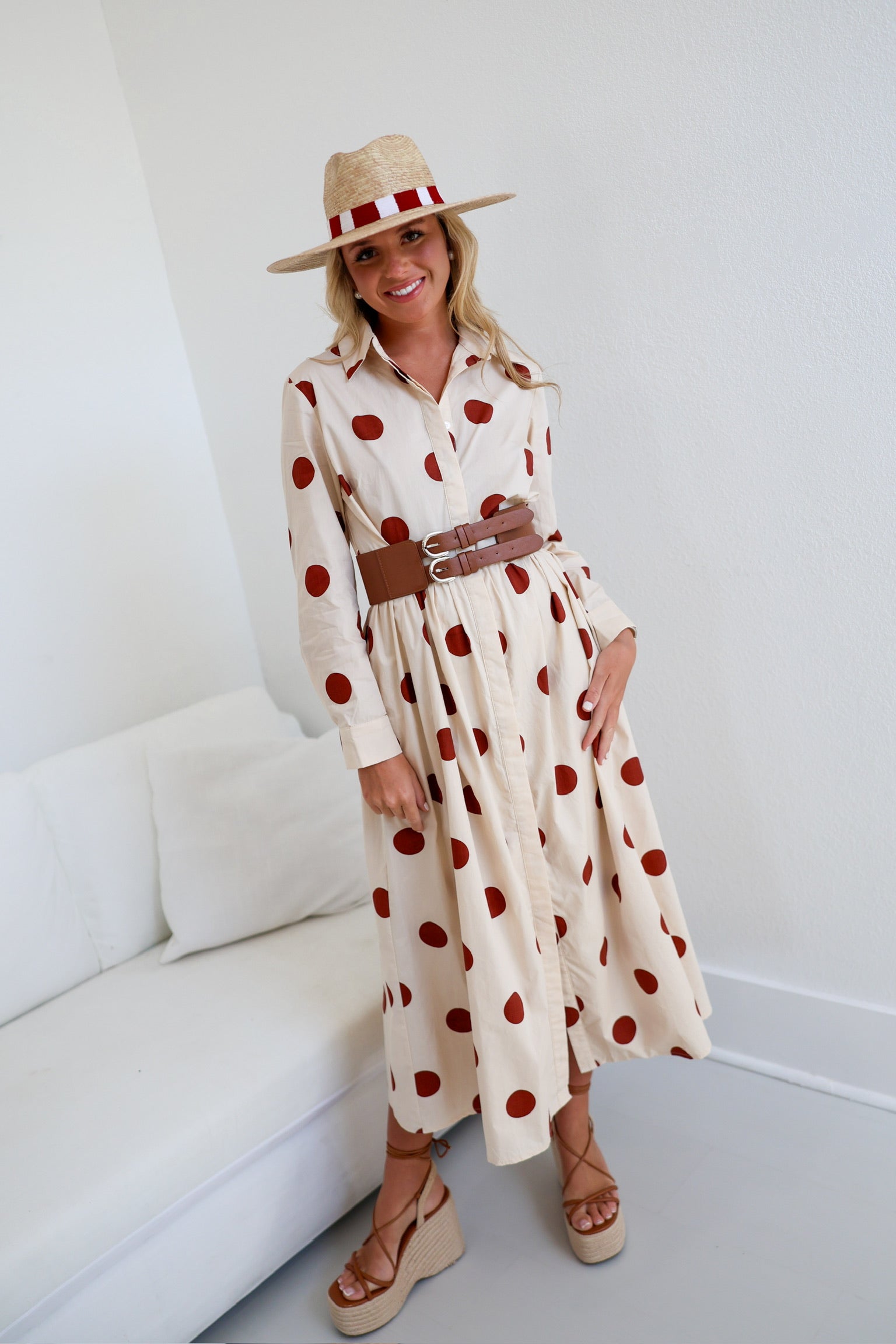 Collins Polka Dot Shirt Dress W/ Belt - Ivory/Brown