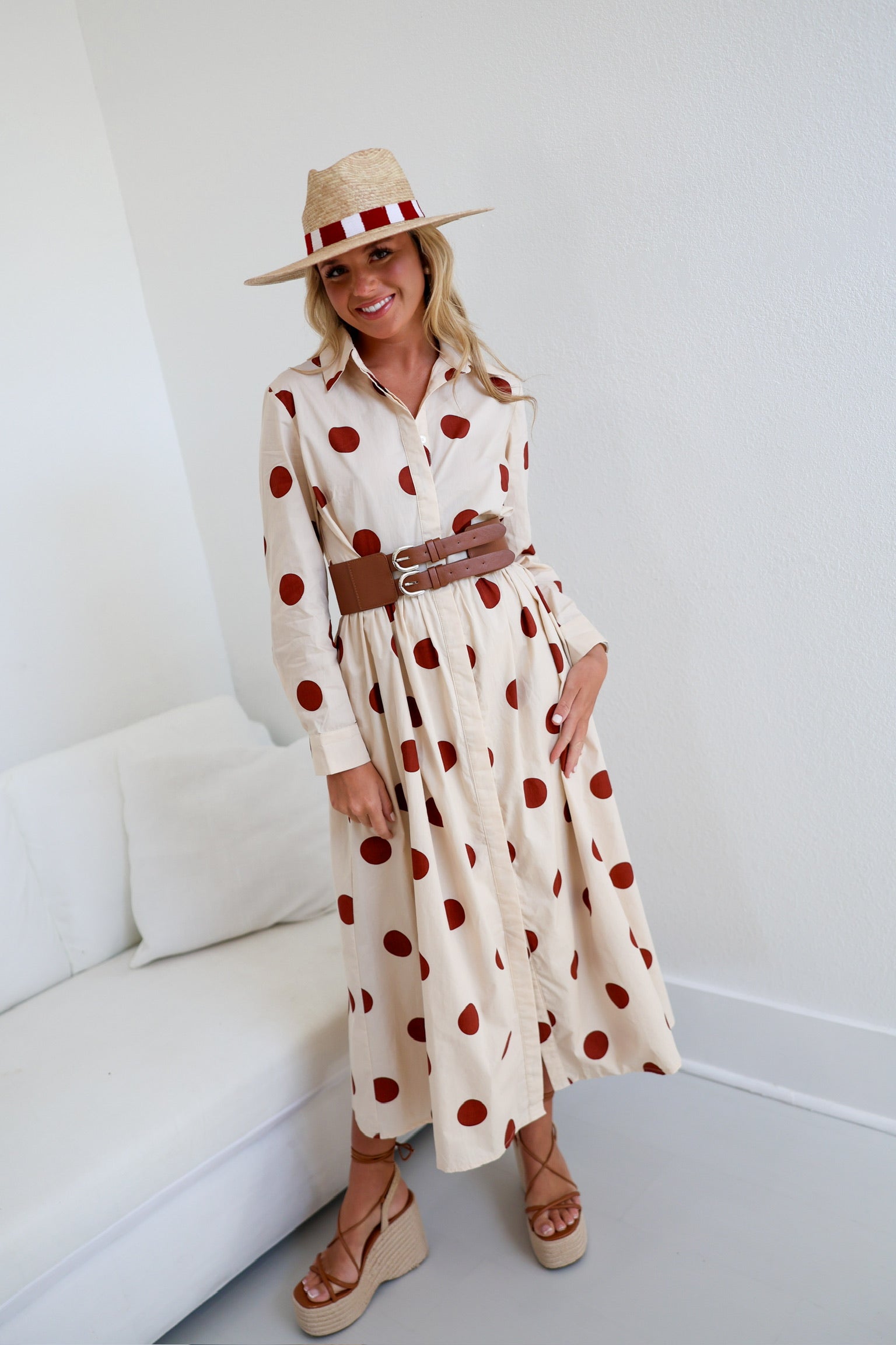 Collins Polka Dot Shirt Dress W/ Belt - Ivory/Brown