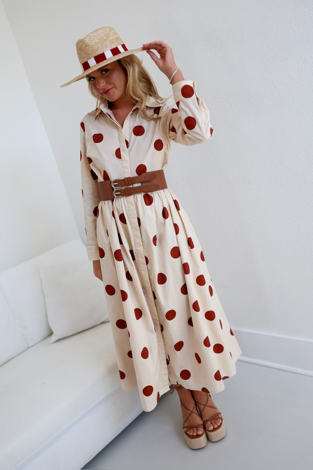 Collins Polka Dot Shirt Dress W/ Belt - Ivory/Brown