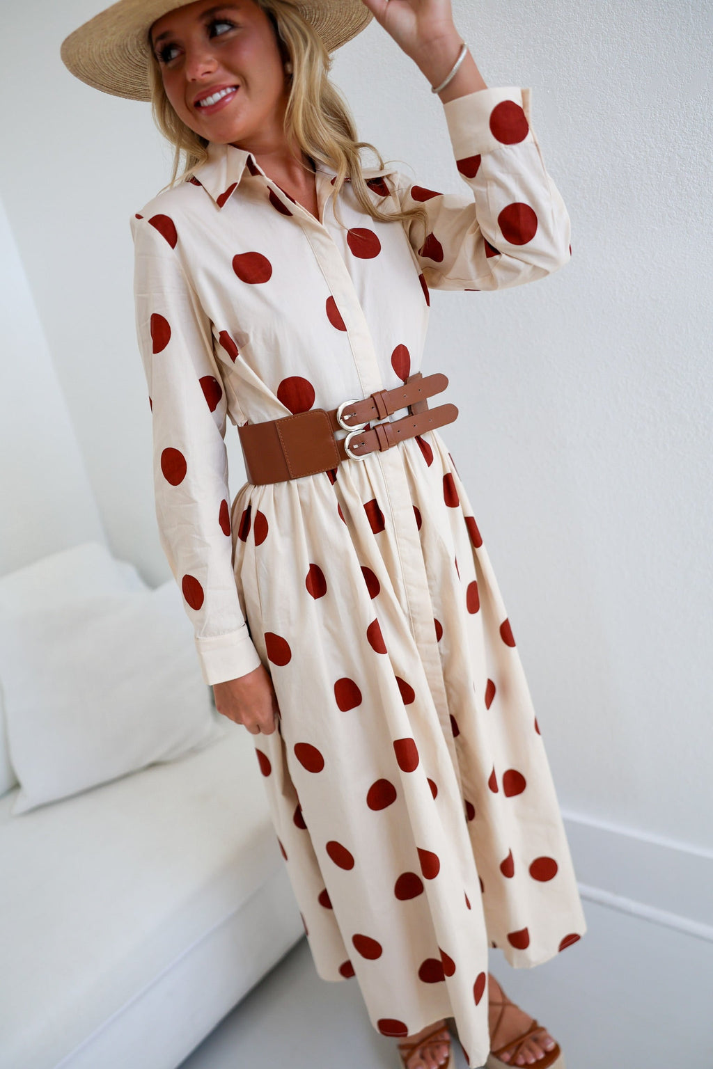 Collins Polka Dot Shirt Dress W/ Belt - Ivory/Brown