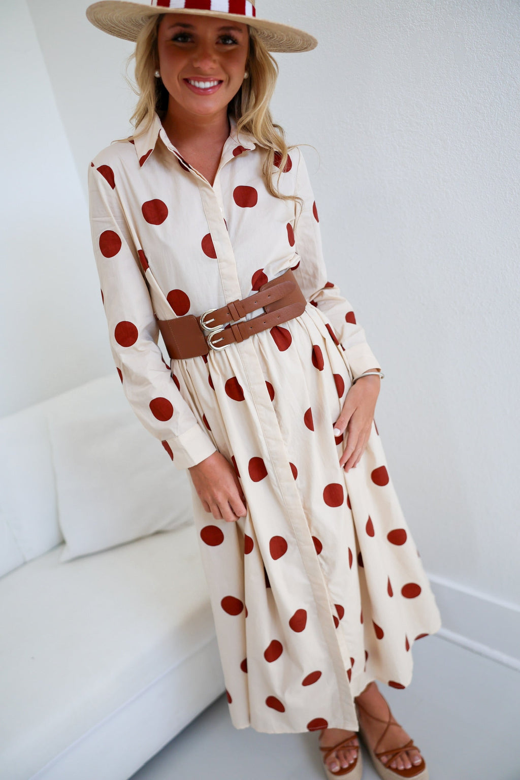 Collins Polka Dot Shirt Dress W/ Belt - Ivory/Brown