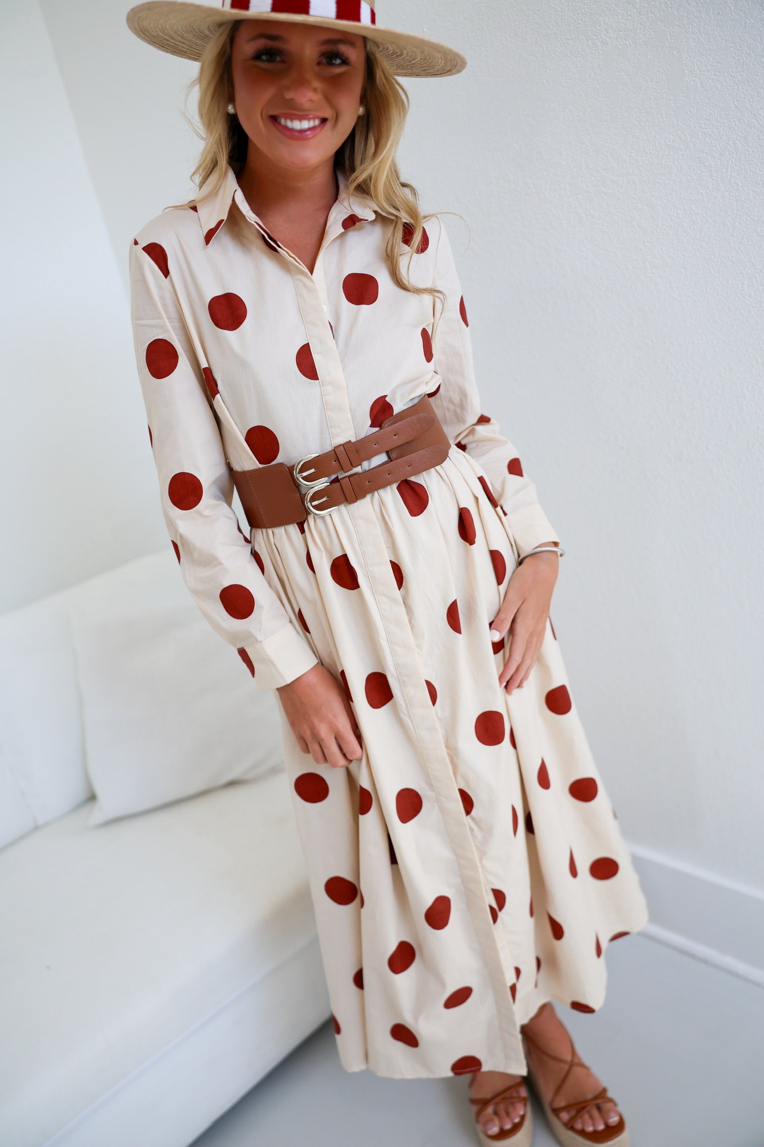 Collins Polka Dot Shirt Dress W/ Belt - Ivory/Brown