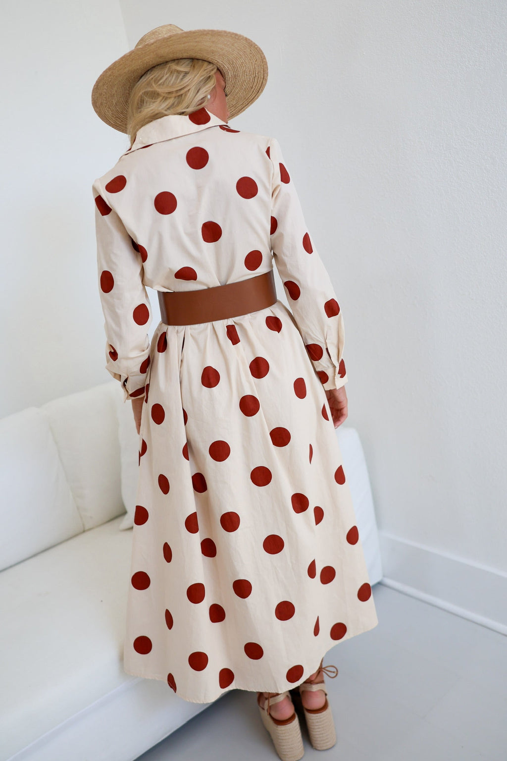 Collins Polka Dot Shirt Dress W/ Belt - Ivory/Brown