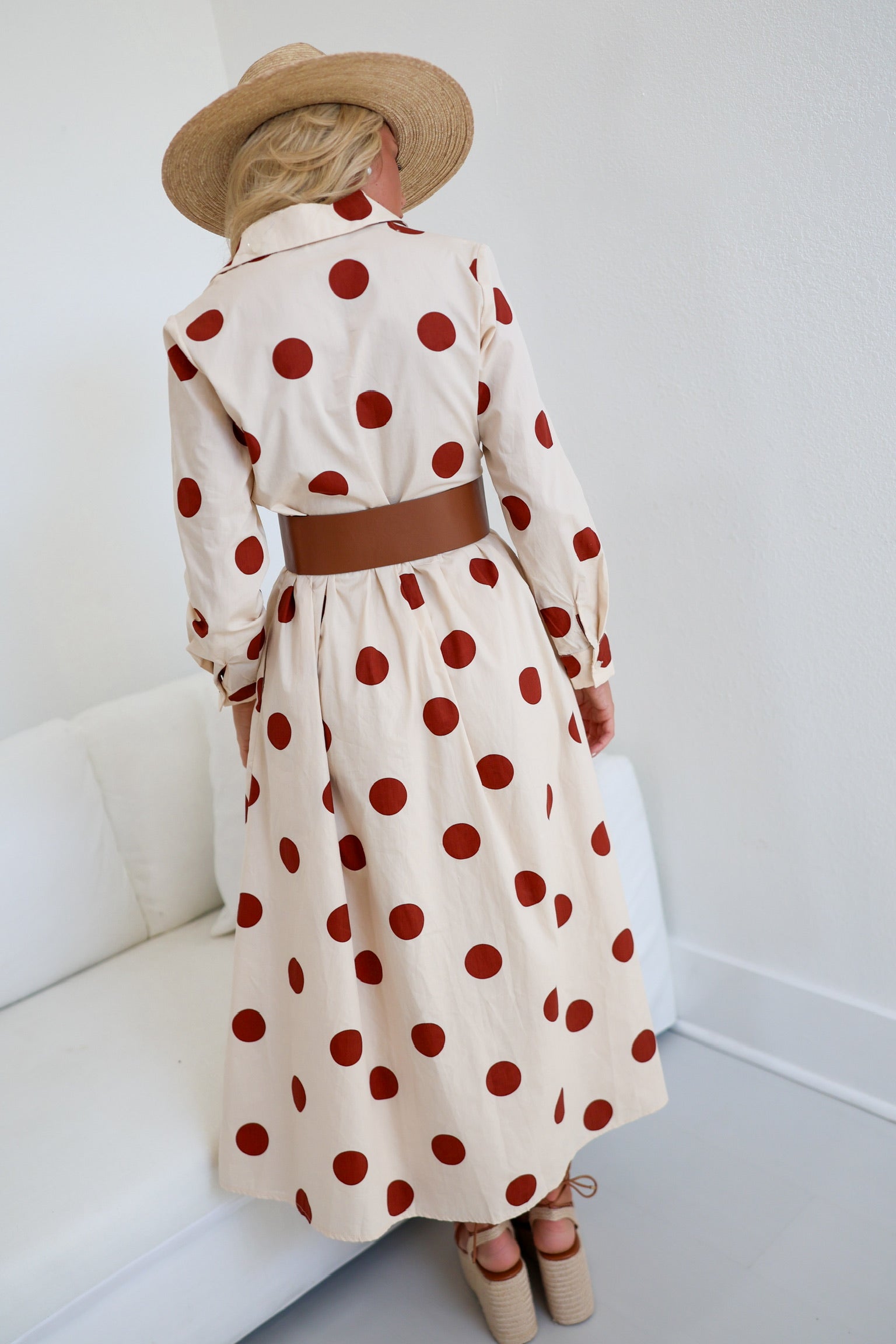 Collins Polka Dot Shirt Dress W/ Belt - Ivory/Brown