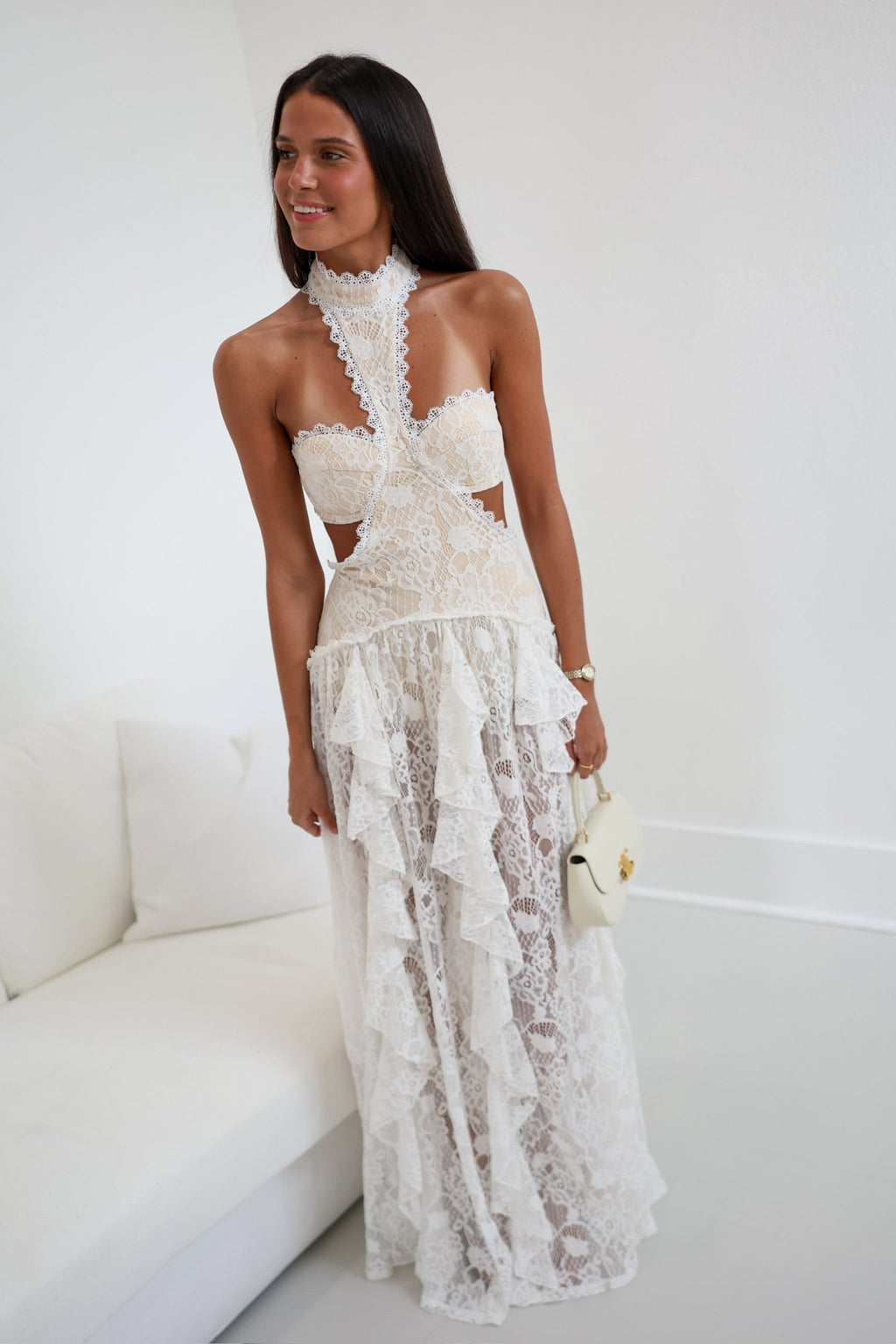 Bethany Lace Mockneck Dress - White