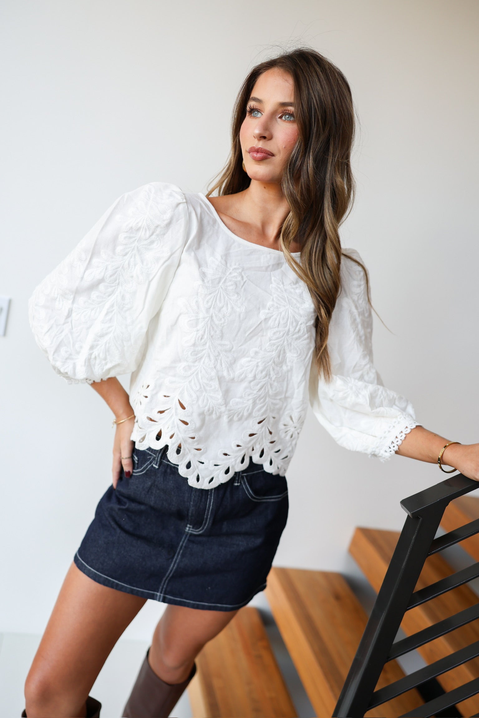 Nina Lace Bubble Sleeve Top - Ivory