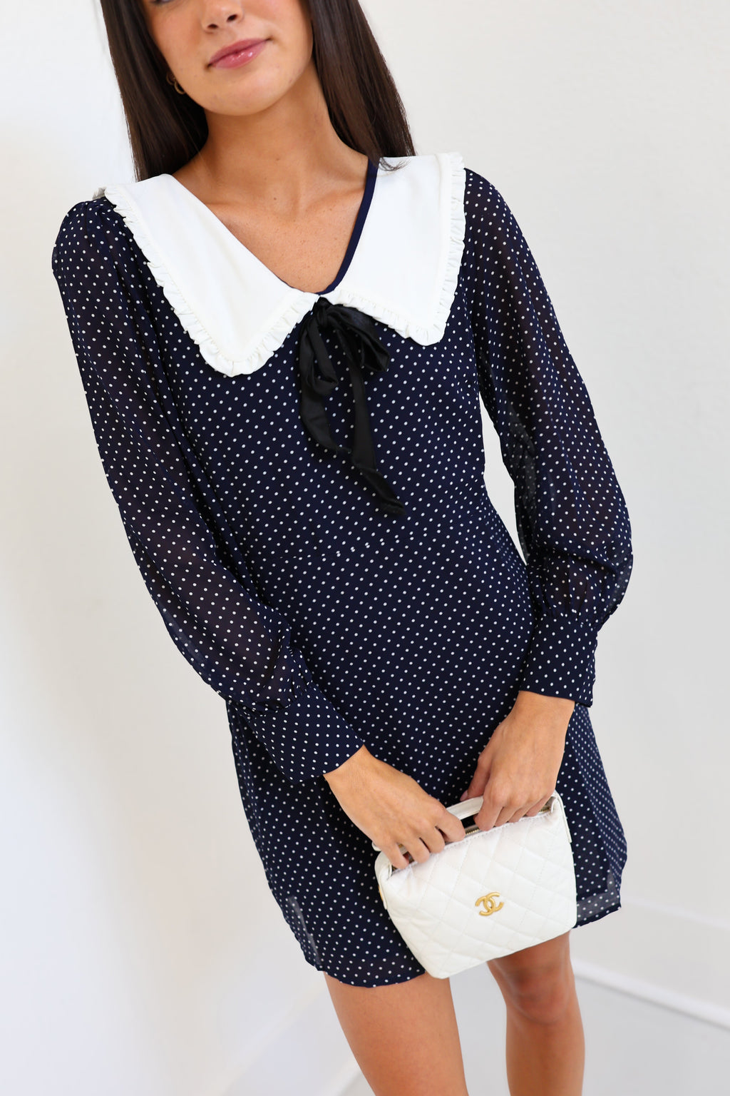 Jenna Polkadot Dress with Frill Collar - Navy