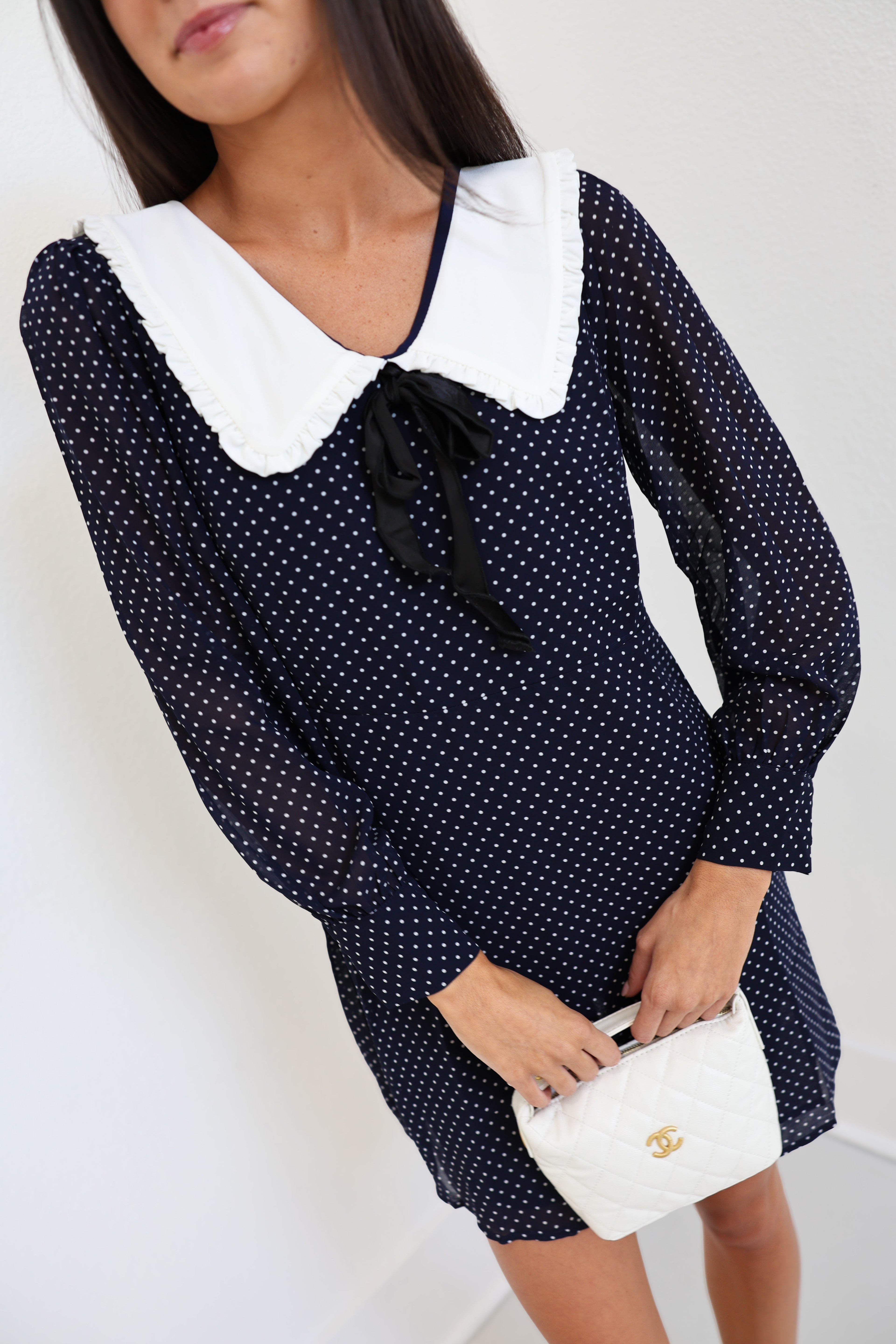 Jenna Polkadot Dress with Frill Collar - Navy
