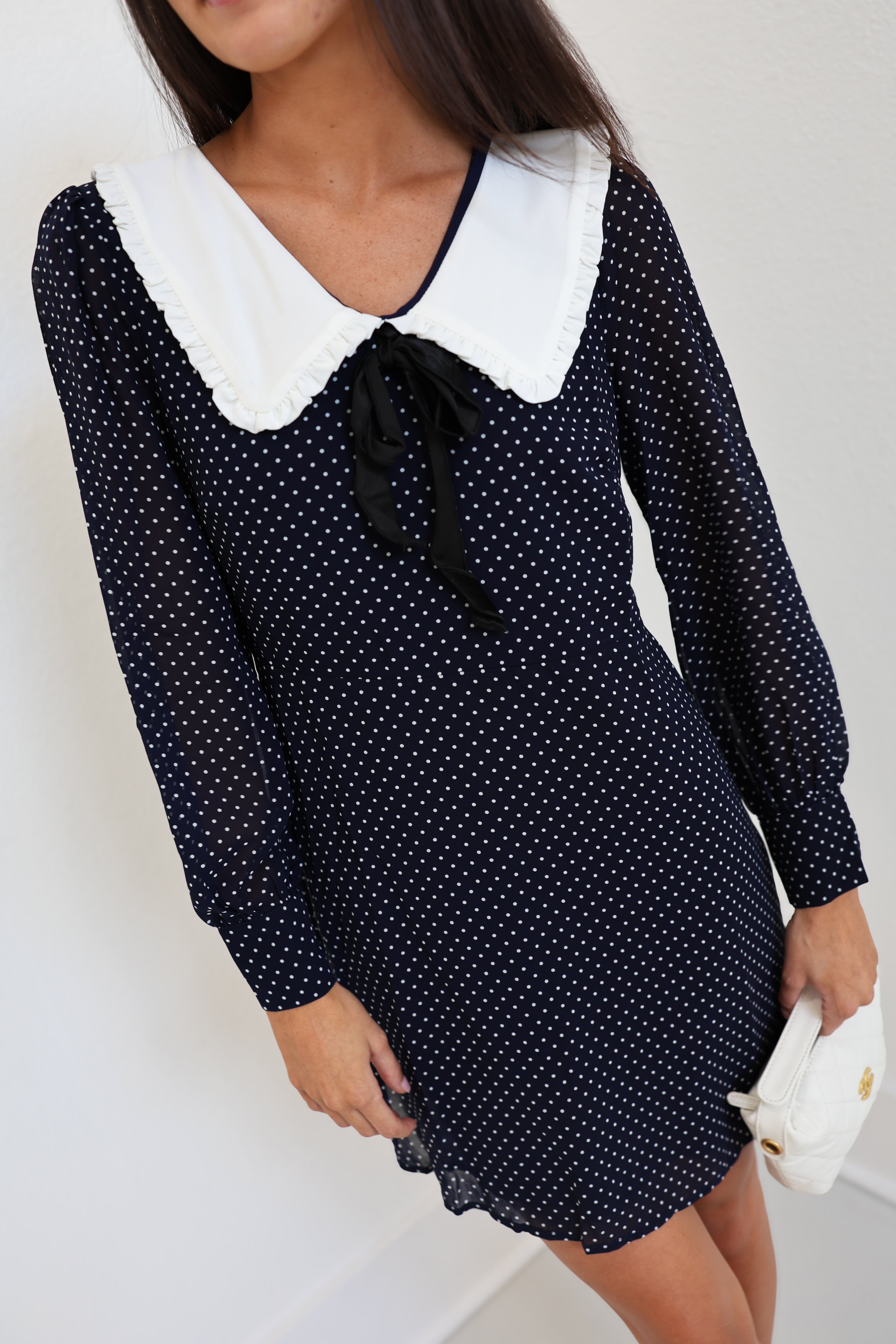 Jenna Polkadot Dress with Frill Collar - Navy