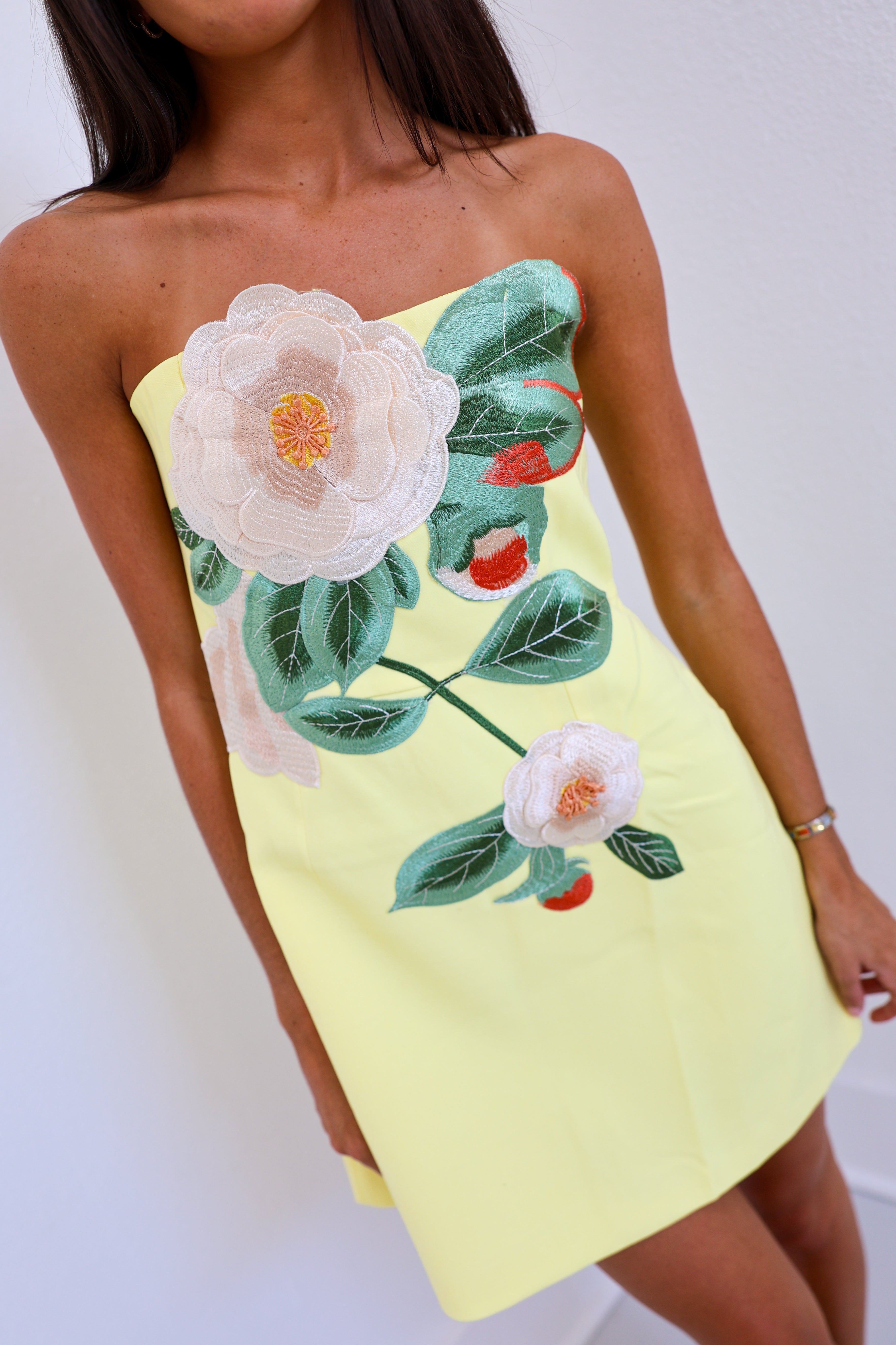 Victoria Strapless Embroidered Mini Dress - Yellow